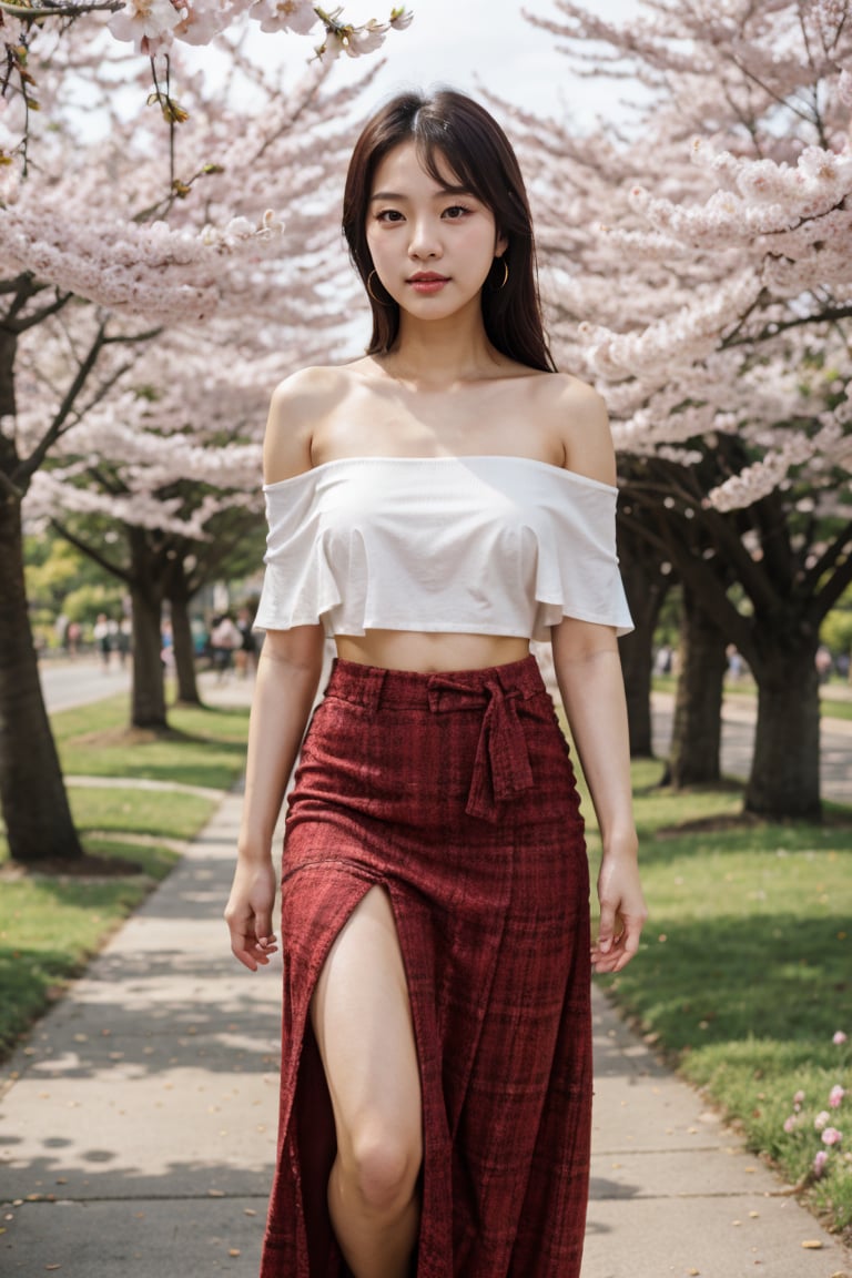 8k,  highest quality,  ultra details,  Korean,  young girl,  bohemian Korean vibe,  off-shoulder top,  maxi skirt,  sandals,  enjoying a picnic in a blooming cherry blossom park., <lora:EMS-81959-EMS:0.800000>