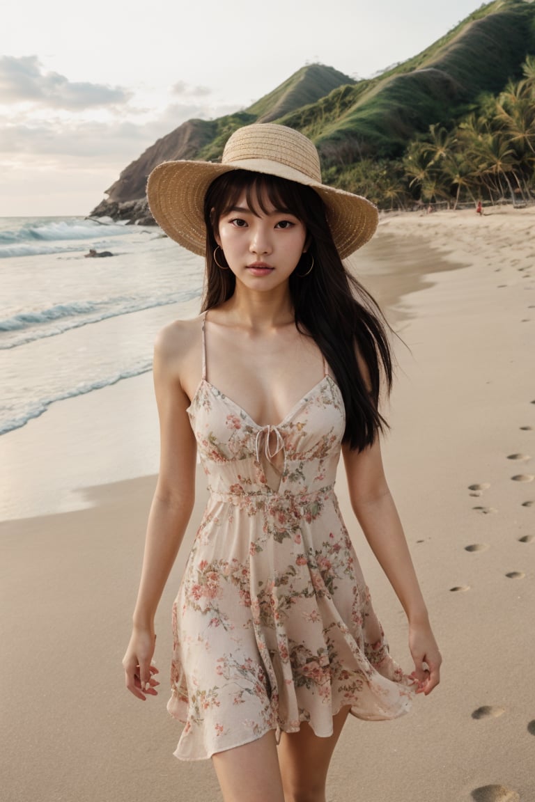 8k,  highest quality,  ultra details,  Korean,  young girl,  beachy Korean style,  flowy floral dress,  wide-brimmed hat,  walking along a sandy beach., <lora:EMS-81959-EMS:0.800000>