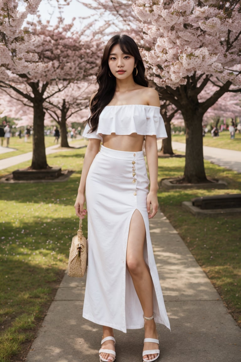 8k,  highest quality,  ultra details,  Korean,  young girl,  bohemian Korean vibe,  off-shoulder top,  maxi skirt,  sandals,  enjoying a picnic in a blooming cherry blossom park., <lora:EMS-81959-EMS:0.800000>