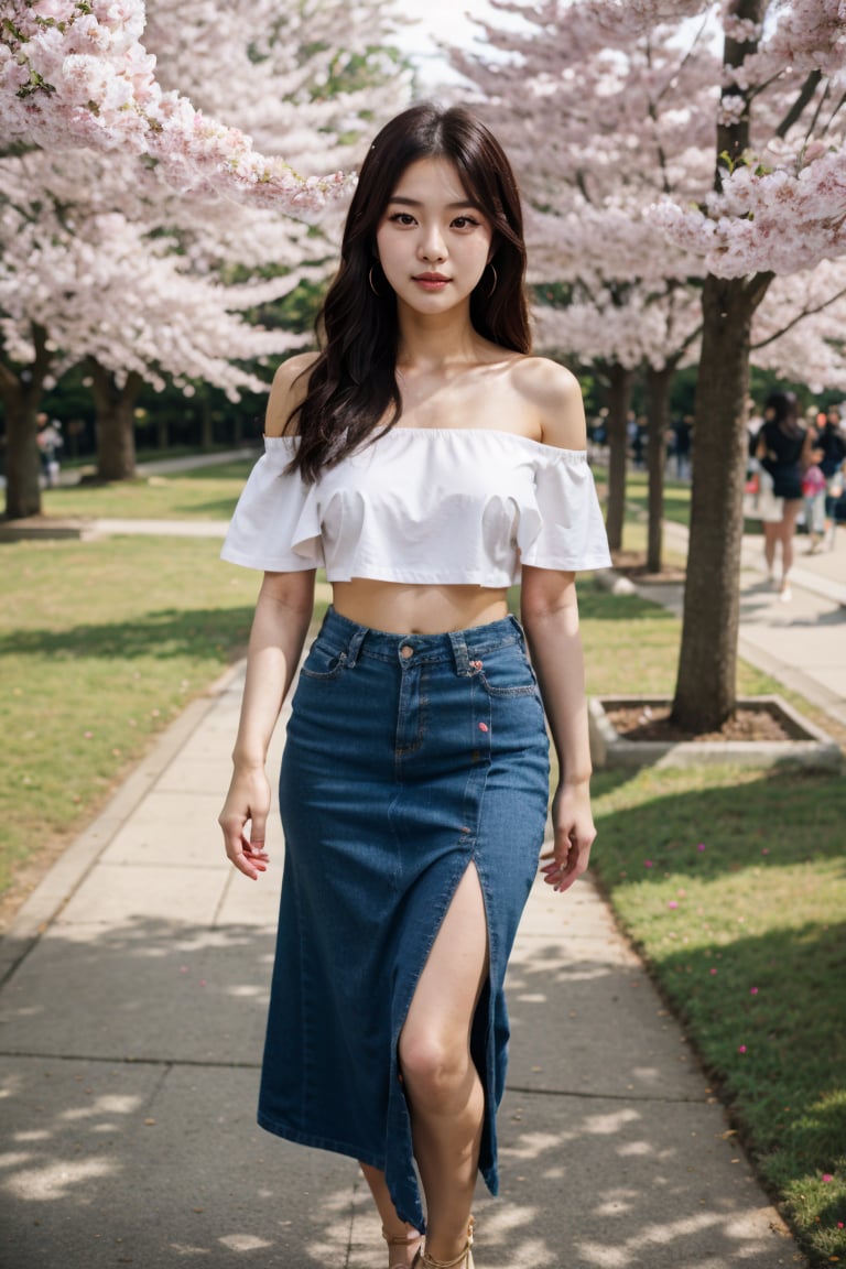 8k,  highest quality,  ultra details,  Korean,  young girl,  bohemian Korean vibe,  off-shoulder top,  maxi skirt,  sandals,  enjoying a picnic in a blooming cherry blossom park., <lora:EMS-81959-EMS:0.800000>