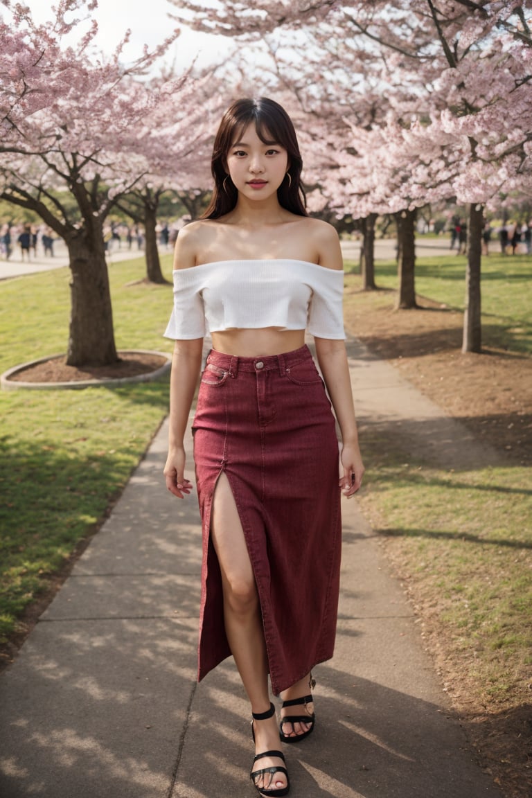 8k,  highest quality,  ultra details,  Korean,  young girl,  bohemian Korean vibe,  off-shoulder top,  maxi skirt,  sandals,  enjoying a picnic in a blooming cherry blossom park., <lora:EMS-81959-EMS:0.800000>