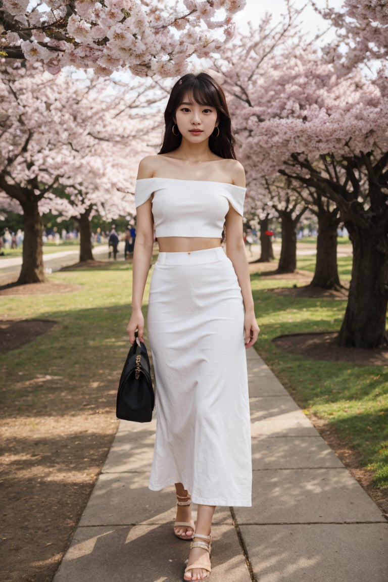 8k,  highest quality,  ultra details,  Korean,  young girl,  bohemian Korean vibe,  off-shoulder top,  maxi skirt,  sandals,  enjoying a picnic in a blooming cherry blossom park., <lora:EMS-81959-EMS:0.800000>