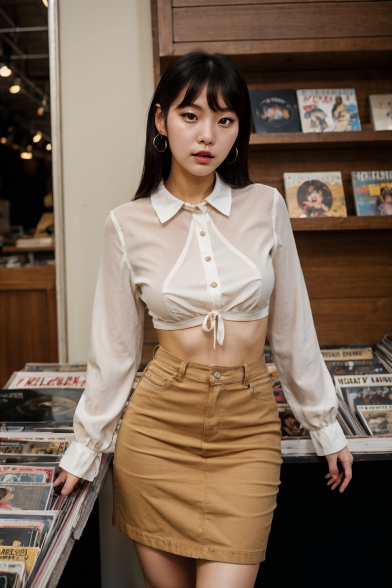 8k,  highest quality,  ultra details,  Korean,  young girl,  retro Korean vibe,  vintage blouse,  A-line skirt,  Mary Jane shoes,  browsing vinyl records in a vintage shop., <lora:EMS-81959-EMS:0.800000>