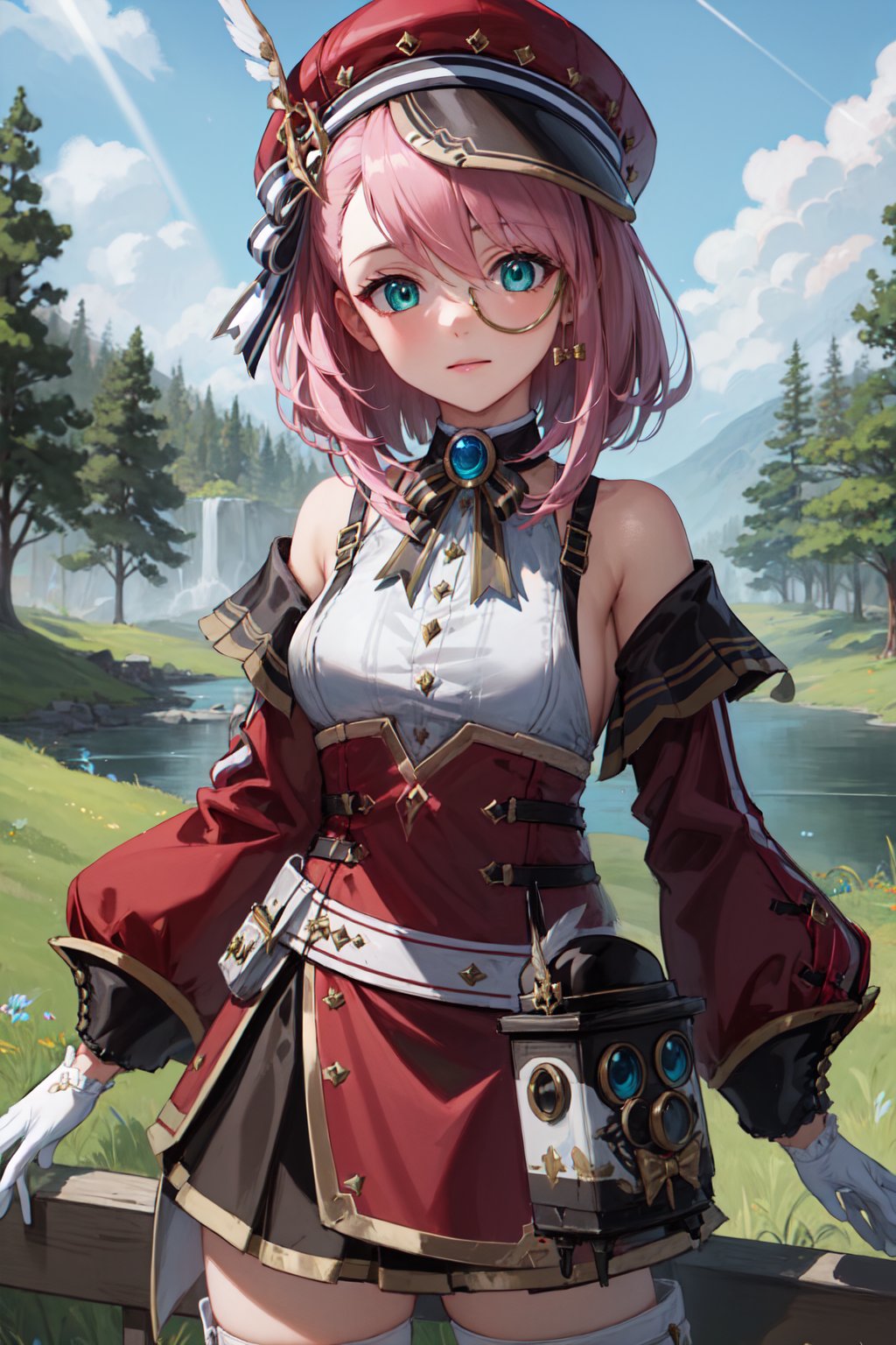 (masterpiece:1.3), (absurdres:1.3), (best quality:1.3), (ultra-detailed:1.3), 1girl, charlotteid, pink hair, hat, gloves, monocle, bare shoulders, green eyes, long sleeves, short hair, detached sleeves, skirt,  upper body, looking at viewer, forest, magical tree, sunlight, light ray, waving, <lora:Charlotte-000009:1>