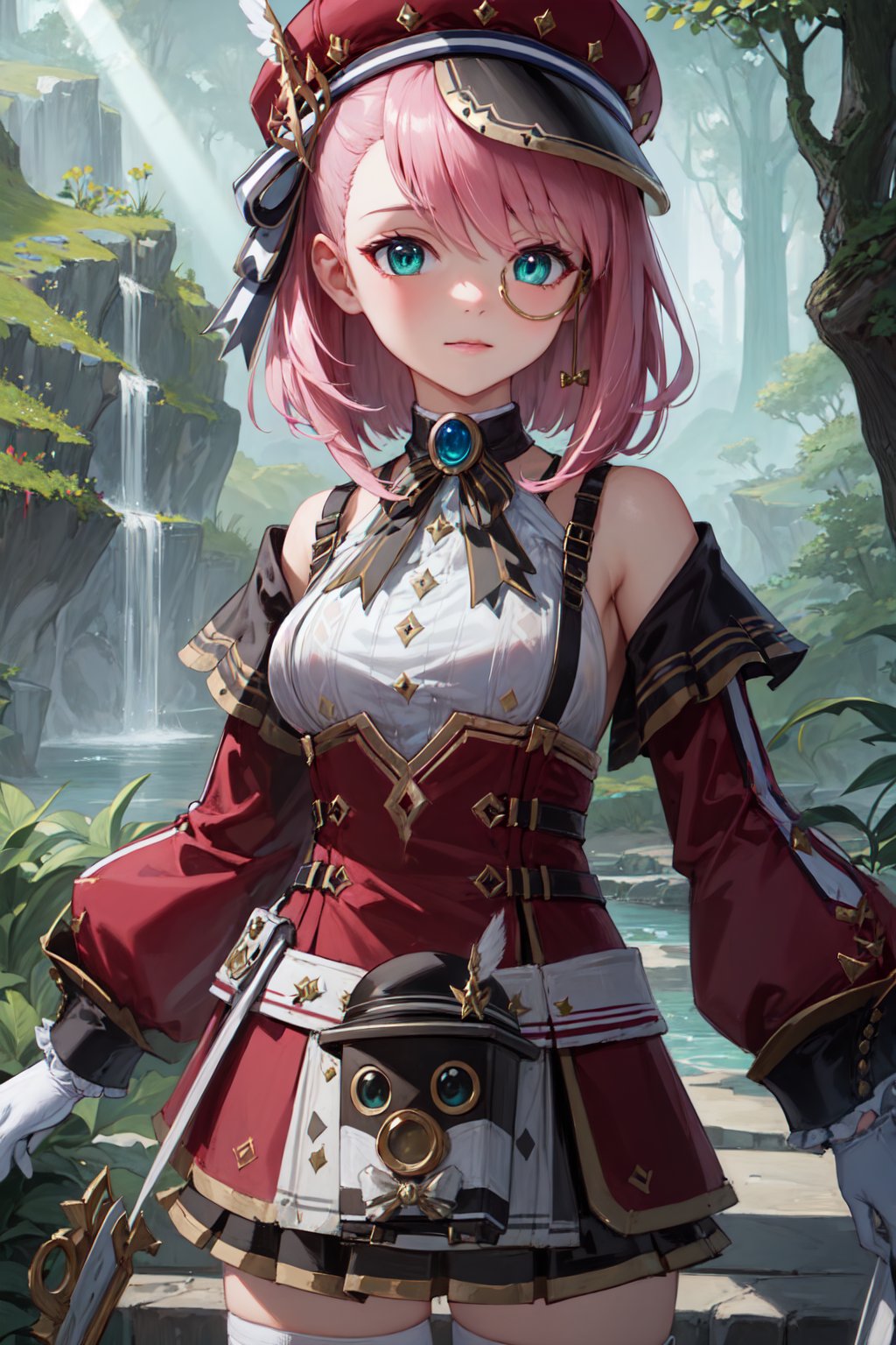 (masterpiece:1.3), (absurdres:1.3), (best quality:1.3), (ultra-detailed:1.3), 1girl, charlotteid, pink hair, hat, gloves, monocle, bare shoulders, green eyes, long sleeves, short hair, detached sleeves, skirt,  upper body, looking at viewer, forest, magical tree, sunlight, light ray,  <lora:Charlotte-000009:1>