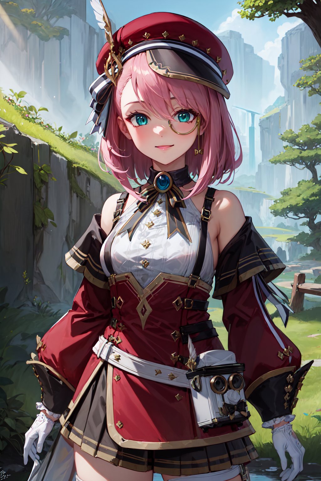 (masterpiece:1.3), (absurdres:1.3), (best quality:1.3), (ultra-detailed:1.3), 1girl, charlotteid, bright smile, pink hair, hat, gloves, monocle, bare shoulders, green eyes, long sleeves, short hair, detached sleeves, skirt,  upper body, looking at viewer, forest, magical tree, sunlight, light ray, <lora:Charlotte-000009:1>