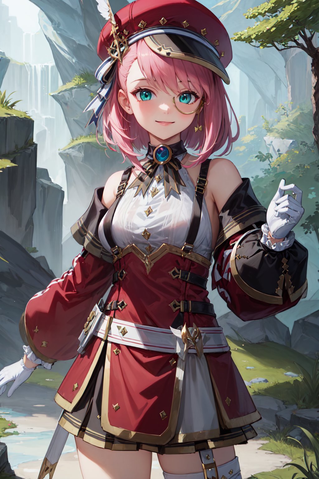 (masterpiece:1.3), (absurdres:1.3), (best quality:1.3), (ultra-detailed:1.3), 1girl, charlotteid, bright smile, pink hair, hat, gloves, monocle, bare shoulders, green eyes, long sleeves, short hair, detached sleeves, skirt,  upper body, looking at viewer, forest, magical tree, sunlight, light ray, <lora:Charlotte-000009:1>