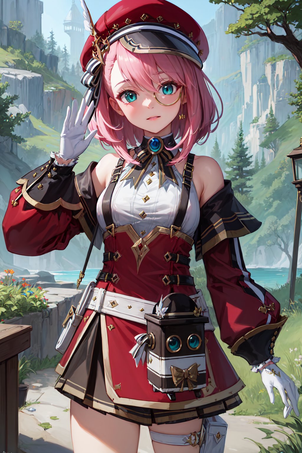 (masterpiece:1.3), (absurdres:1.3), (best quality:1.3), (ultra-detailed:1.3), 1girl, charlotteid, waving, pink hair, hat, gloves, monocle, bare shoulders, green eyes, long sleeves, short hair, detached sleeves, skirt,  upper body, looking at viewer, forest, magical tree, sunlight, light ray, <lora:Charlotte-000009:1>