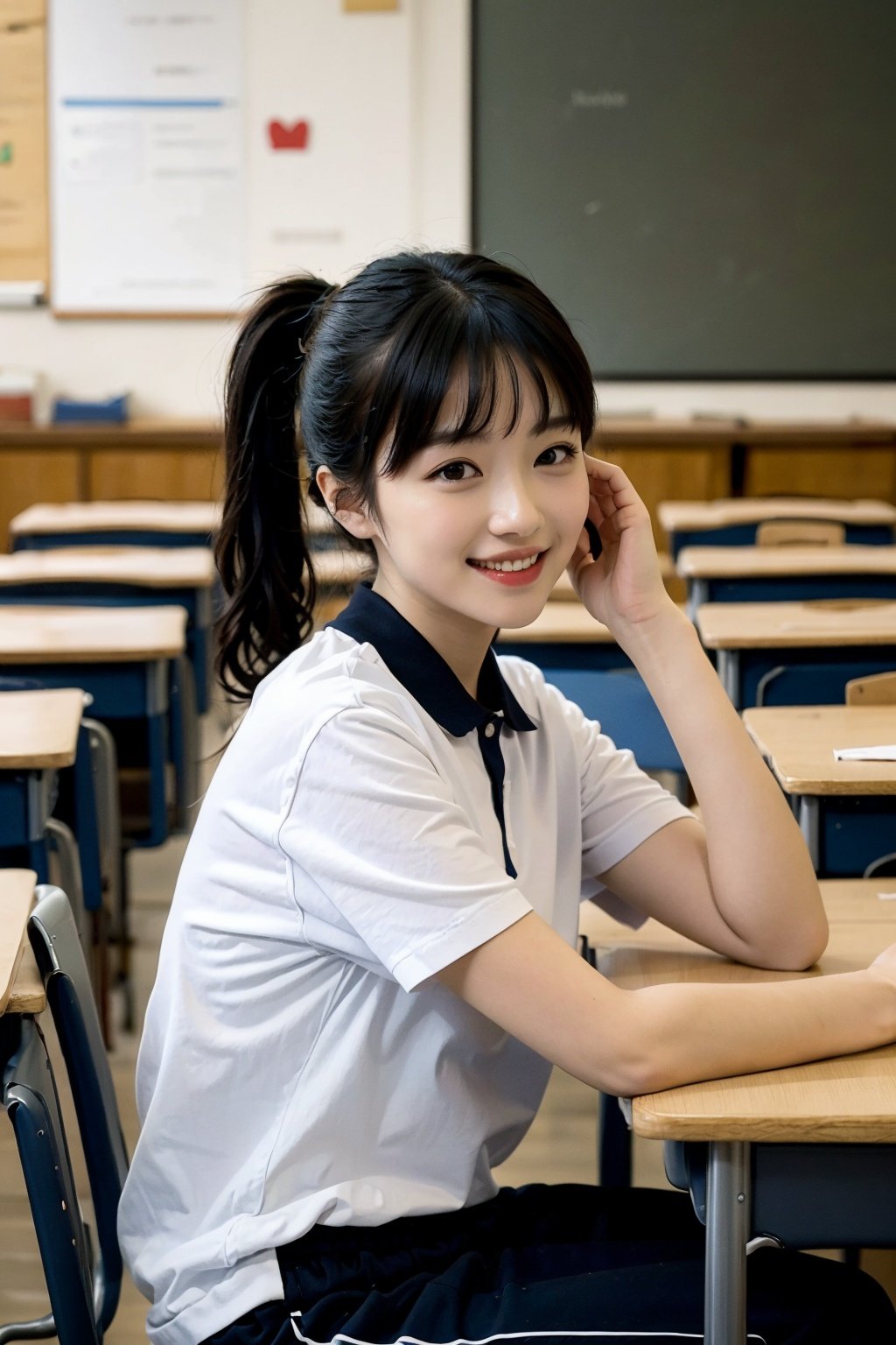 masterpiece,best quality,extremely detailed 8K wallpaper,BANGS,ponytail,1girl,xiaofu,short sleeves,looking at viewer,standing,outdoors,pants,collared shirt,smile,sitting,classroom,desk,hand on own face,from_side,