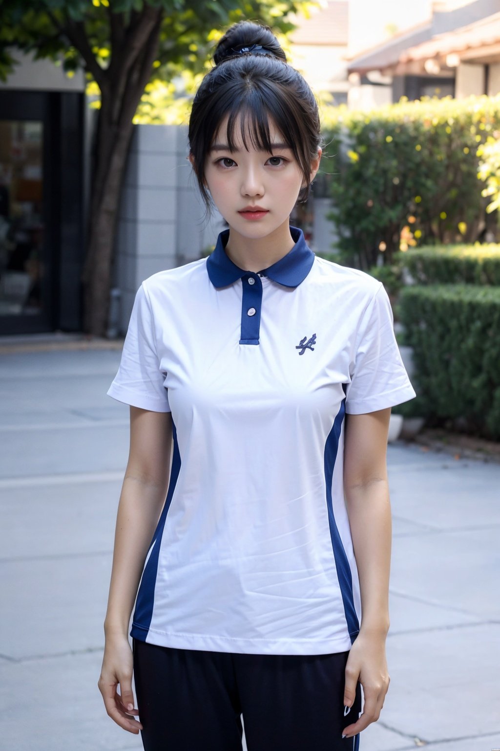 masterpiece,best quality,extremely detailed 8K wallpaper,BANGS,ponytail,1girl,xiaofu,short sleeves,looking at viewer,standing,outdoors,pants,collared shirt,