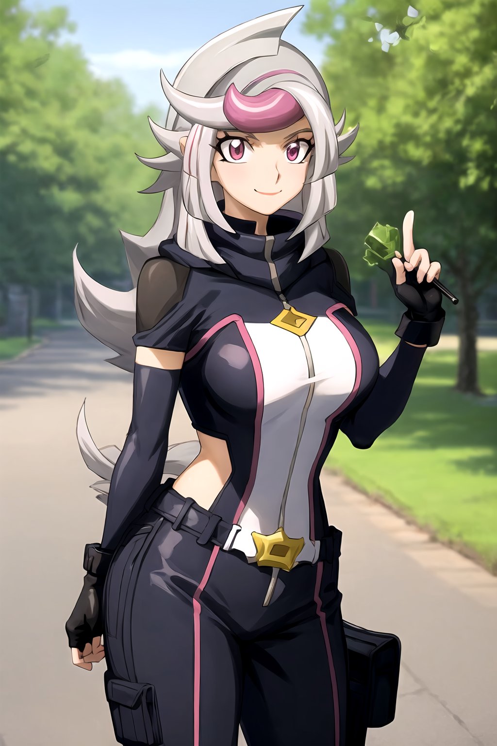 masterpiece, best quality, best aesthetic, anime, ultra detailed, outdoors, city, park, trees, 1girl, emma_bessho, pink eyes, low-tied long hair, streaked hair, (large breasts:1.2), (wide hips:1.2), purple bodysuit, long sleeves, pants, (black gloves, fingerless gloves:1.2), (standing, cowboy_shot:1.2), hand on hip, (smile, closed mouth:1.2)