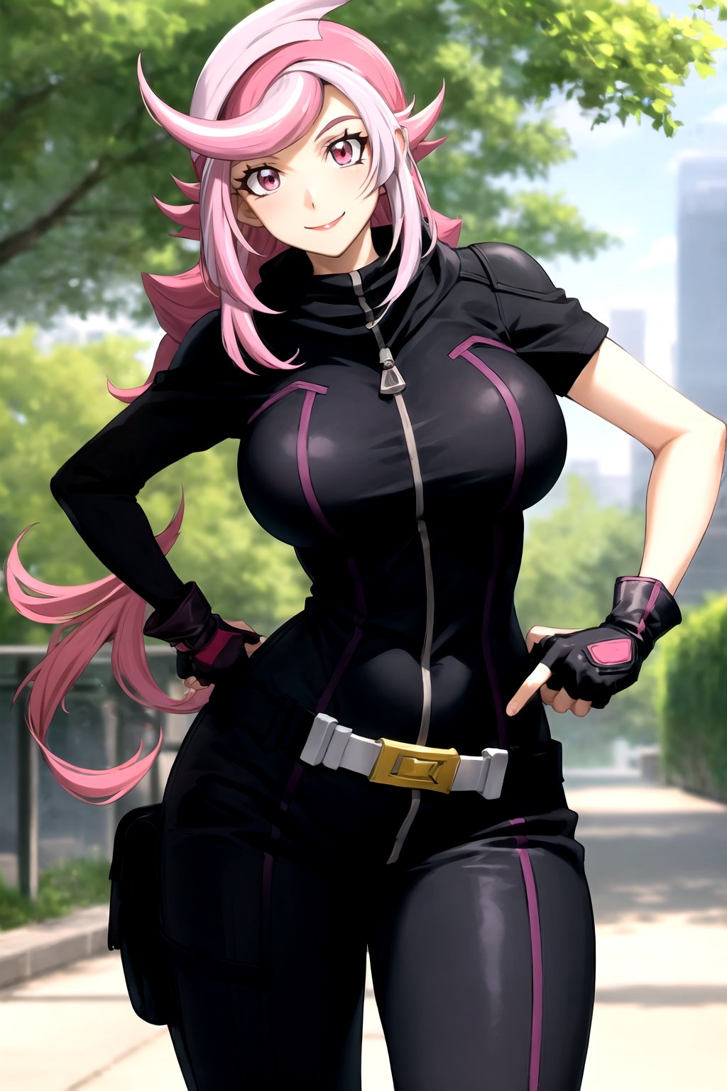 masterpiece, best quality, best aesthetic, anime, ultra detailed, outdoors, city, park, trees, 1girl, (emma_bessho:1.2), pink hair, purple hair, pink eyes, low-tied long hair, streaked hair, (large breasts:1.2), (wide hips:1.2), purple bodysuit, long sleeves, pants, (black gloves, fingerless gloves:1.2), (standing, cowboy_shot:1.2), hand on hip, (smile, closed mouth:1.2)