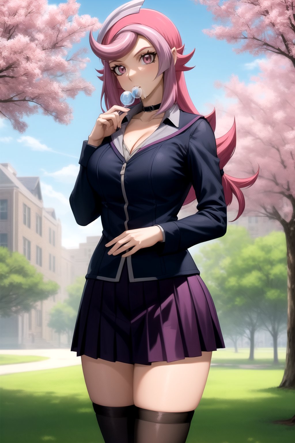 masterpiece, best quality, best aesthetic, anime, ultra detailed, outdoors, city, park, trees, 1girl, (emma_bessho:1.2), (pink hair, purple hair:1.2), pink eyes, low-tied long hair, (large breasts:1.2), (wide hips:1.2), (blue skirt, short skirt, pleated skirt:1.2), (grey shirt, blue sailor collar, long sleeves:1.2), (zettai ryouiki, black thighhighs:1.2), (school uniform:1.2), (cleavage:1.2), (front view:1.2), (standing, cowboy_shot:1.2), hand on hip, (bubble blowing, chewing gum:1.2)