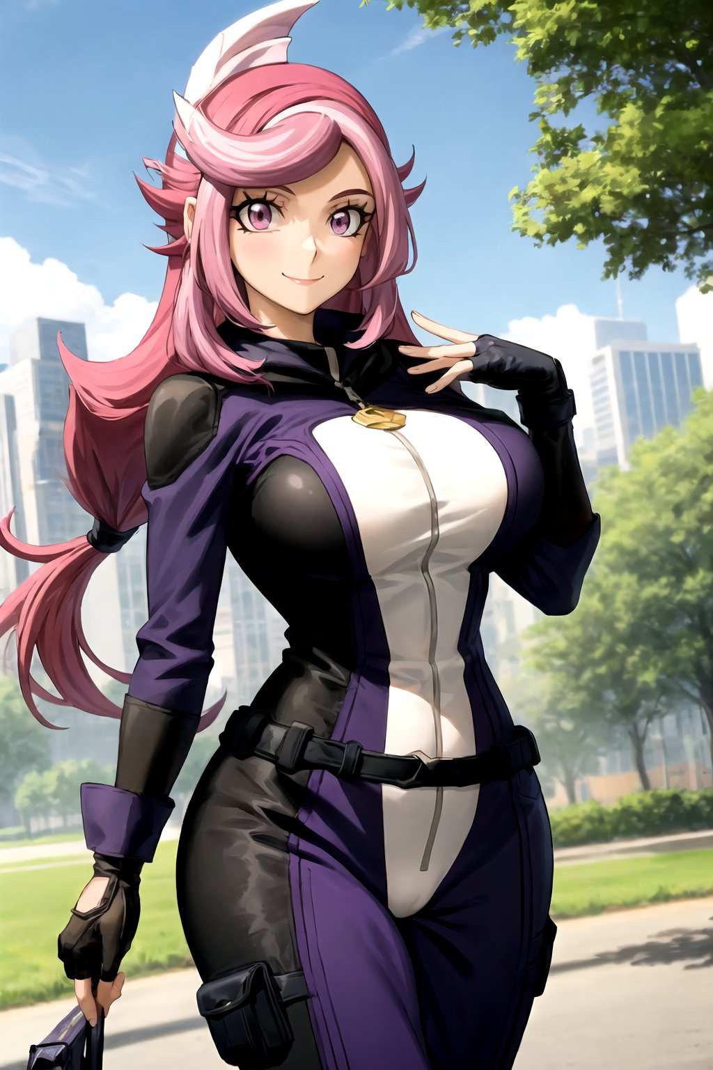 masterpiece, best quality, best aesthetic, anime, ultra detailed, outdoors, city, park, trees, 1girl, (emma_bessho:1.2), (pink hair, purple hair:1.2), pink eyes, low-tied long hair, (large breasts:1.2), (wide hips:1.2), (purple bodysuit:1.2), (long sleeves:1.2), pants, (black gloves, fingerless gloves:1.2), (standing, cowboy_shot:1.2), hand on hip, (smile, closed mouth:1.2)