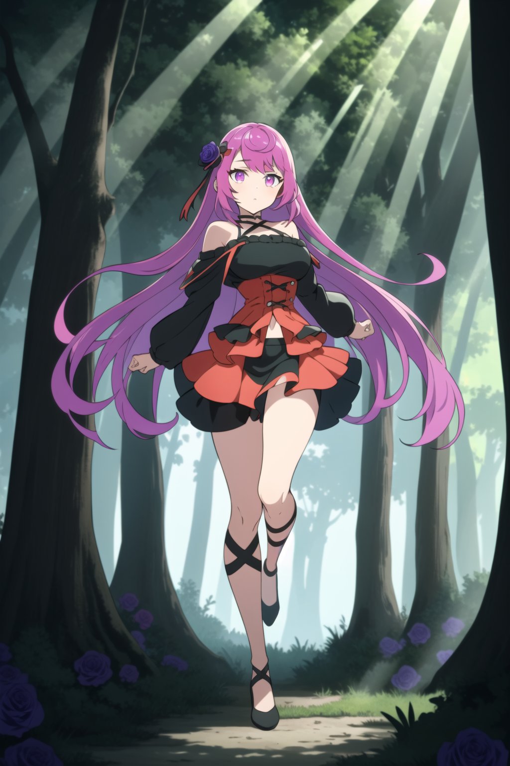 beautiful,  masterpiece,  best quality,  extremely detailed face, masterpiece, 1girl, solo female, looking at viewer, descensored, 1woman, best quality, ultra-detailed, long hair, wole body, full_body, rose hair , violet eyes
, normal body,1girl, in a forest