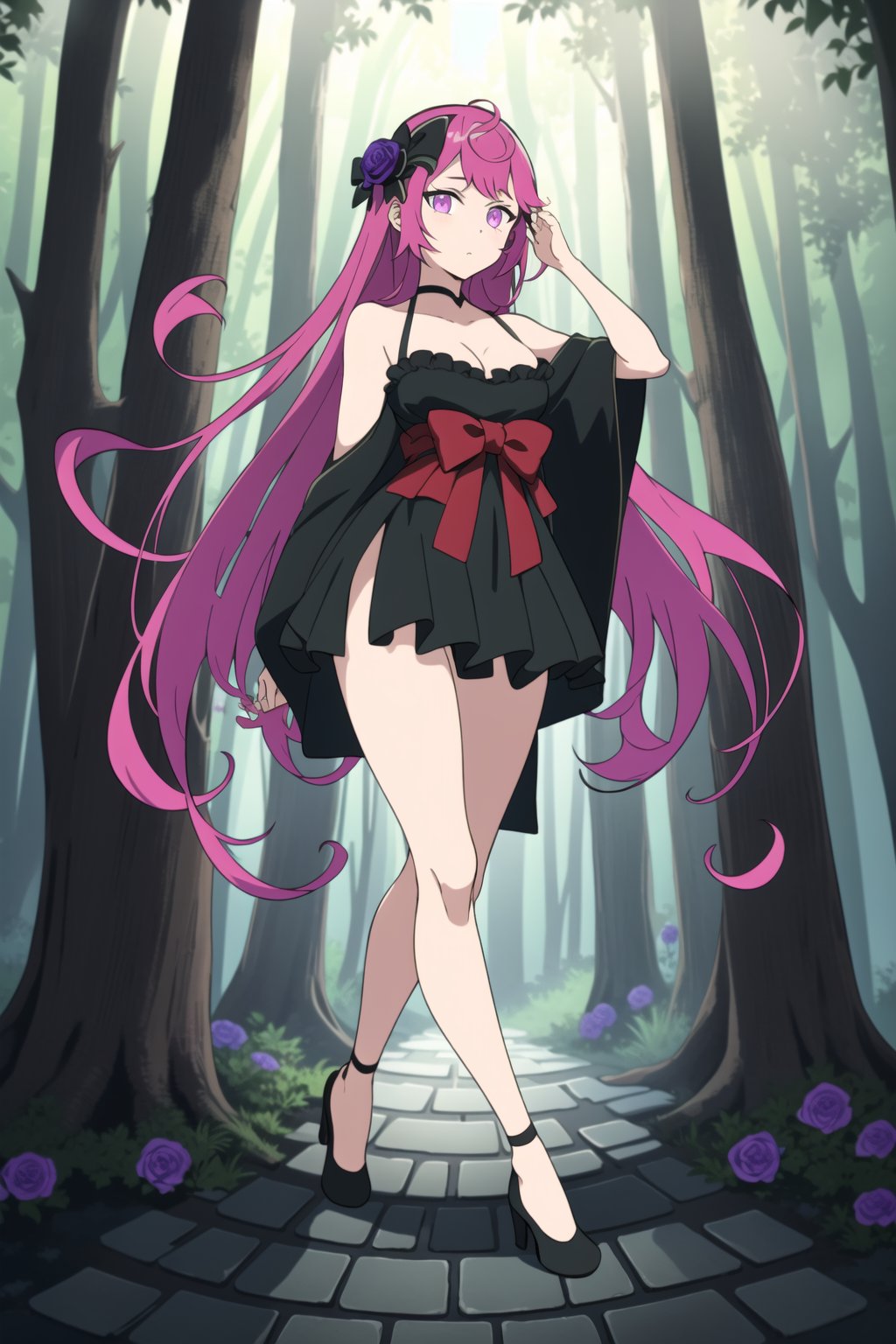 beautiful,  masterpiece,  best quality,  extremely detailed face, masterpiece, 1girl, solo female, looking at viewer, descensored, 1woman, best quality, ultra-detailed, long hair, wole body, full_body, rose hair , violet eyes
, normal body,1girl, in a forest