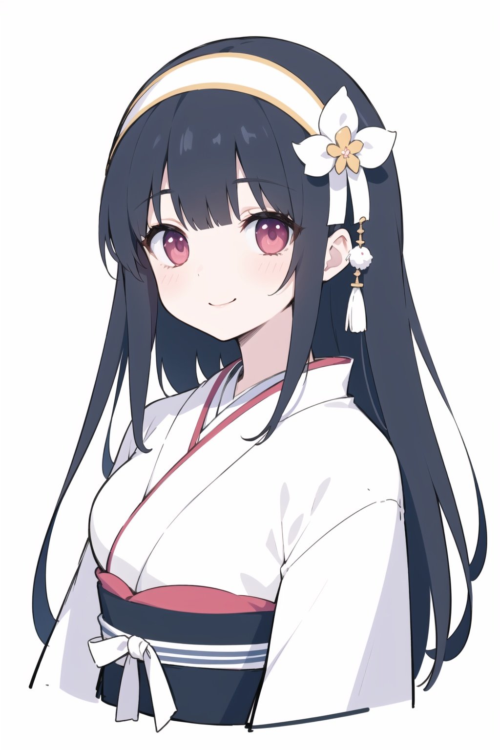 1girl, solo, long hair, black eyes, black hair, white clothes, japanese clothes, kimono, bangs, ribbon, hair ribbon, blunt bangs, hairband, looking at viewer, simple background, smile, white background, portrait, upper body