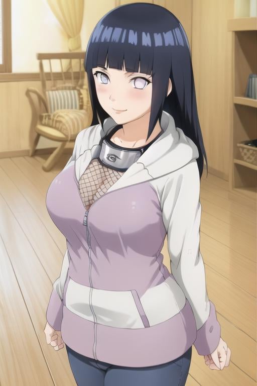 masterpiece, high quality, highres, 1girl, solo,<lora:Hinata-v1-07:0.7>, ChopioHinata, looking at viewer, blunt bangs, long hair, blush, white eyes, no pupils,outfit1, hooded jacket, jacket, long sleeves, purple jacket, fishnet undershirt, pants, bandages, forehead protector, konohagakure symbol, mesh shirt,living room, indoors,standing, large breasts, cleavage,  <lora:hinata2_wrise:0.4>, seductive smile, seductive pose, (straight-on:1), hands behind back, cowboy shot, 