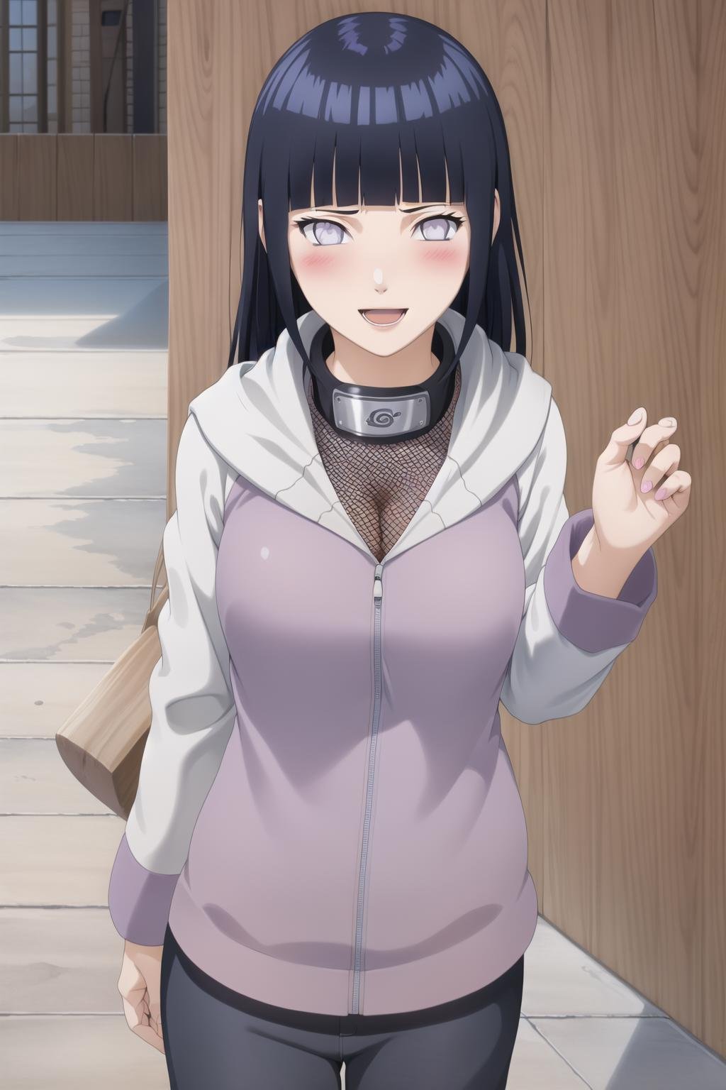 masterpiece, high quality, highres, 1girl, solo,<lora:Hinata-v1-07:0.7>, ChopioHinata, looking at viewer, blunt bangs, long hair, blush, white eyes, no pupils,outfit1, hooded jacket, jacket, long sleeves, purple jacket, fishnet undershirt, pants, bandages, forehead protector, konohagakure symbol, mesh shirt,standing, large breasts, cleavage,  <lora:hinata2_wrise:0.4>, seductive smile, seductive pose, open mouth, (straight-on:1), 