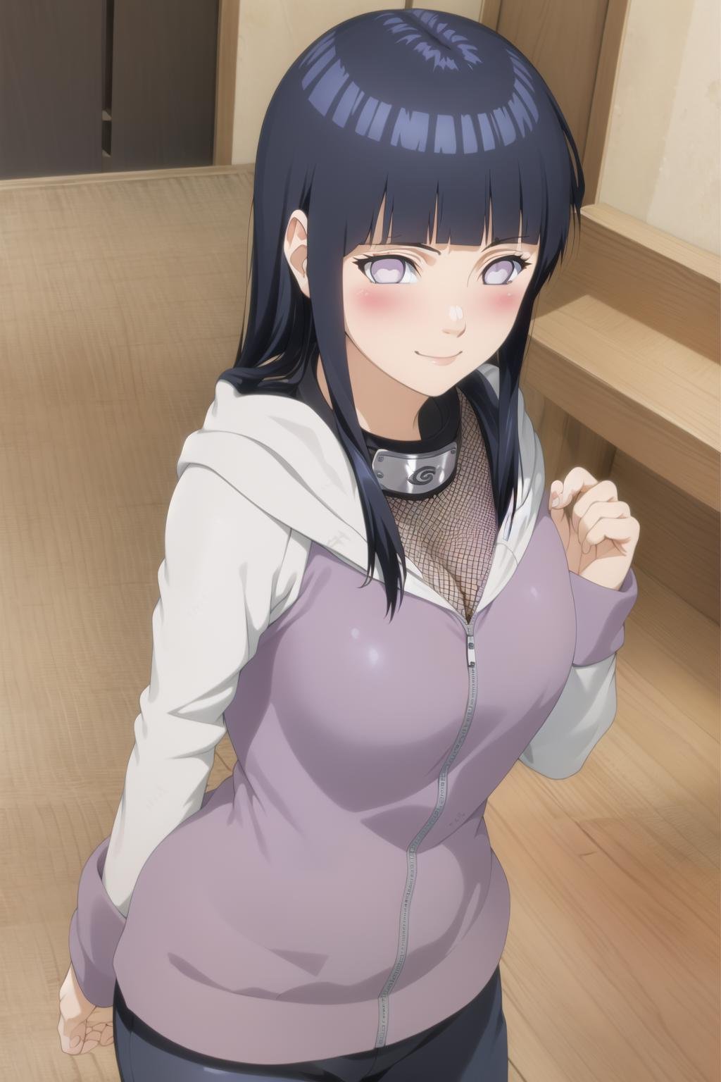 masterpiece, high quality, highres, 1girl, solo,<lora:Hinata-v1-07:0.7>, ChopioHinata, looking at viewer, blunt bangs, long hair, blush, white eyes, no pupils,outfit1, hooded jacket, jacket, long sleeves, purple jacket, fishnet undershirt, pants, bandages, forehead protector, konohagakure symbol, mesh shirt,living room, indoors,standing, large breasts, cleavage,  <lora:hinata2_wrise:0.4>, seductive smile, seductive pose, (straight-on:1), hands behind back, cowboy shot, 