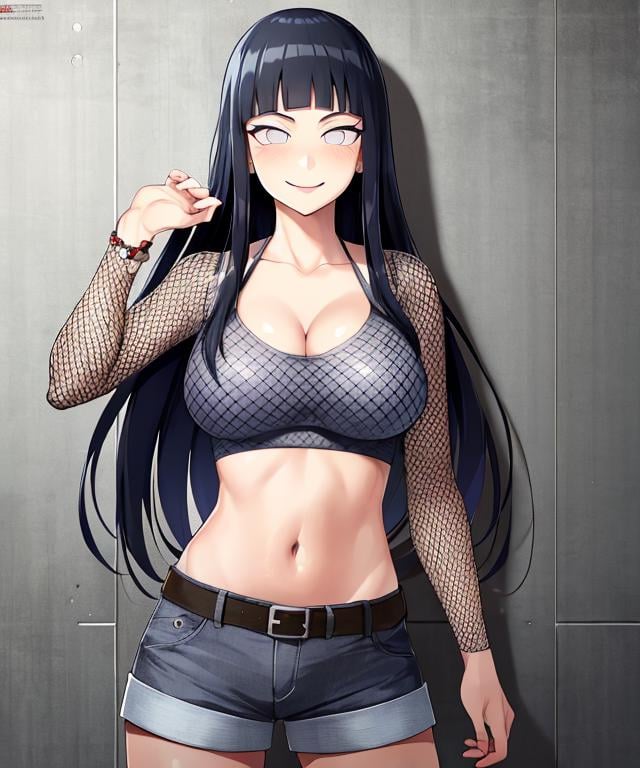 Best quality, absurdres, ultra-detailed,  <lora:HinataV3-1:1>, hyuuga hinata, Emo-Hinata, makeup, black_lipstick, opaque-fishnet, 1girl, breasts, solo, shorts, long hair, navel, cleavage, large breasts, confident, smirk,