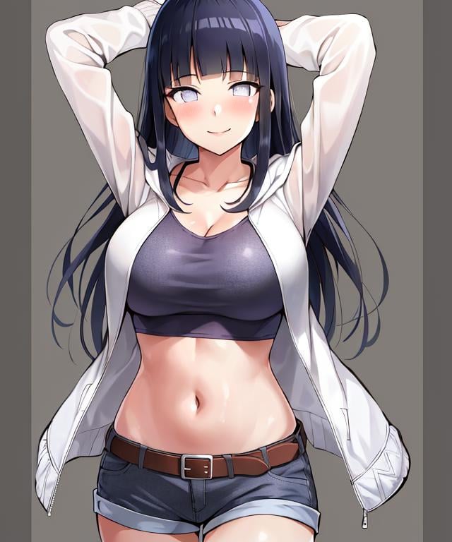 Best quality, absurdres, ultra-detailed,  <lora:HinataV3-1:1>, hyuuga hinata, Emo-Hinata, 1girl, hyuuga hinata, breasts, solo, shorts, long hair, navel, cleavage, large breasts, smile, jacket, looking at viewer, belt, blush, black hair, white background, white eyes, arms up, fishnets, midriff, fishnet top, bangs, blunt bangs, simple background, white jacket, open clothes, short shorts, thighs, purple eyes, stomach, collarbone, long sleeves