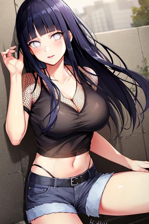 Best quality, absurdres, ultra-detailed,  <lora:HinataV3-1:1>, hyuuga hinata, Emo-Hinata, makeup, dark_lips, eye_shadow, clear-fishnet_top, 1girl, breasts, solo, shorts, long hair, navel, cleavage, large breasts