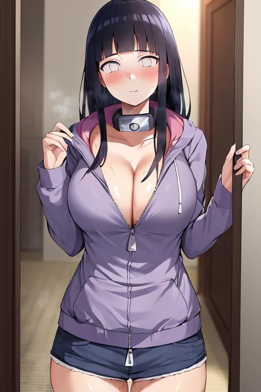 nsfw, Best quality, absurdres, ultra-detailed,  <lora:HinataV3-1:1>, hyuuga hinata, Hinata-Jacket-Outfit,  unzipping_jacket, 1girl, breasts, solo, blush, large breasts, forehead_protector_around_neck, covering_breasts, cleavage, deep_skin