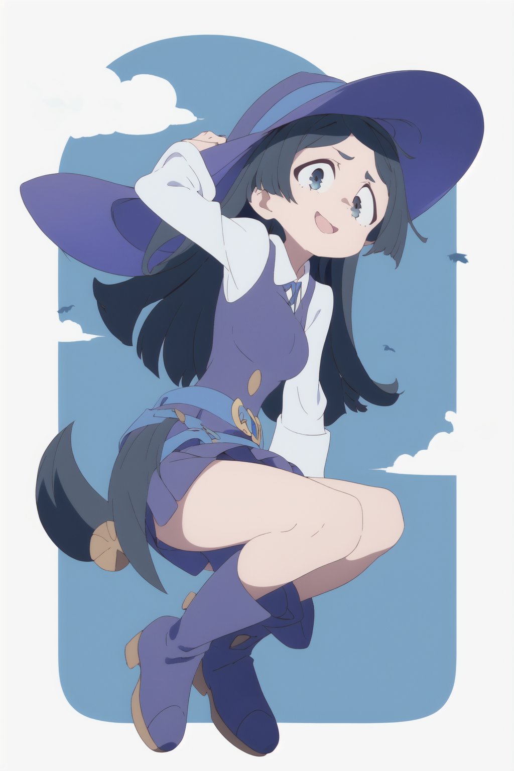 barbara parker, 1girl, solo,  grey eyes, long hair, black hair,luna nova school uniform, witch, witch hat, shirt, long sleeves, blue skirt, collared shirt, wide sleeves, white shirt, belt, boots, medium breasts, thighs, full body, happy,