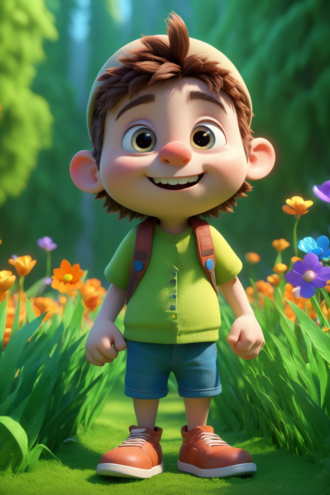 (cute cartoon,nature,3D:1.1,dynamic lighting,vivid colors,HDR), detailed and vibrant 3D rendering of a cute cartoon character in a natural setting. The character is beautifully animated with adorable features, including large expressive eyes, a cute button nose, and a bright smile. The character stands in a lush green field surrounded by colorful flowers and tall trees. The dynamic lighting casts soft shadows on the character, giving depth and dimension to the scene. The colors are incredibly vivid, with a wide range of hues that bring the entire image to life. The use of HDR techniques enhances the overall quality of the image, ensuring that every detail is perfectly captured. The combination of the cute cartoon style, vibrant colors, and dynamic lighting creates a visually stunning and enchanting artwork that will captivate viewers.