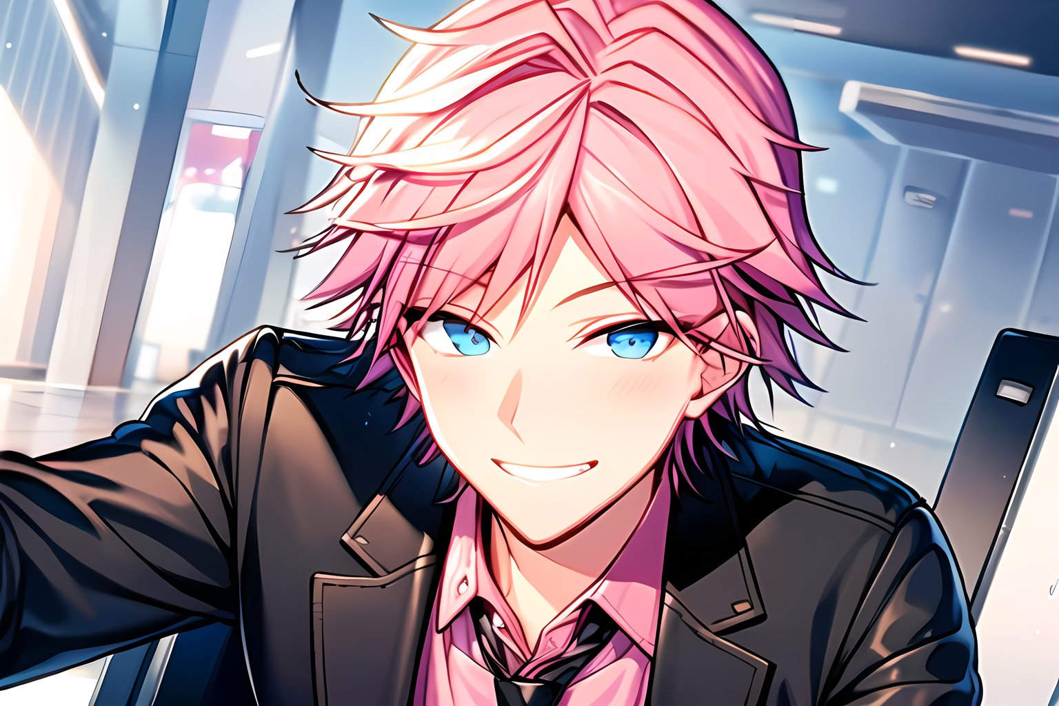 masterpiece, best quality, Looking at viewer, male_focus, 1boy,  
,Dino_Albani,Blue eyes,Pink hair,  close_up,  smile, blush, dress_shirt, black jacket, pink shirt, tie,