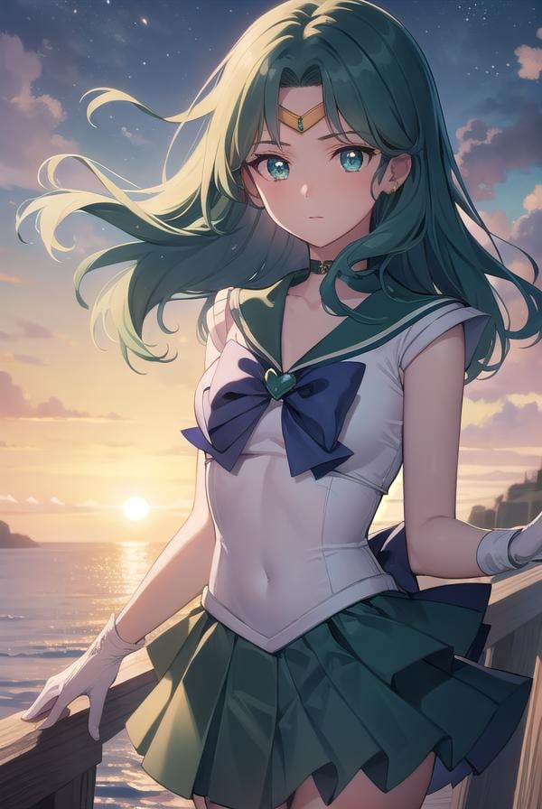 sailorneptune, <lyco:sailorneptune-lyco-nochekaiser:1>,sailor neptune, (green eyes:1.5), forehead jewel, green hair, medium hair, tiara,brooch, choker, gloves, heart, heart brooch, jewelry, magical girl, sailor senshi uniform, skirt, star choker, white gloves, bow, green bow, green sailor collar, green skirt,BREAK outdoors, space, night, star \(sky\), sun,BREAK looking at viewer, (cowboy shot:1.5),BREAK <lyco:GoodHands-beta2:1>, (masterpiece:1.2), best quality, high resolution, unity 8k wallpaper, (illustration:0.8), (beautiful detailed eyes:1.6), extremely detailed face, perfect lighting, extremely detailed CG, (perfect hands, perfect anatomy),