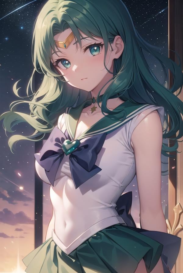 sailorneptune, <lyco:sailorneptune-lyco-nochekaiser:1>,sailor neptune, (green eyes:1.5), forehead jewel, green hair, medium hair, tiara,brooch, choker, gloves, heart, heart brooch, jewelry, magical girl, sailor senshi uniform, skirt, star choker, white gloves, bow, green bow, green sailor collar, green skirt,BREAK outdoors, space, night, star \(sky\), sun,BREAK looking at viewer, (cowboy shot:1.5),BREAK <lyco:GoodHands-beta2:1>, (masterpiece:1.2), best quality, high resolution, unity 8k wallpaper, (illustration:0.8), (beautiful detailed eyes:1.6), extremely detailed face, perfect lighting, extremely detailed CG, (perfect hands, perfect anatomy),