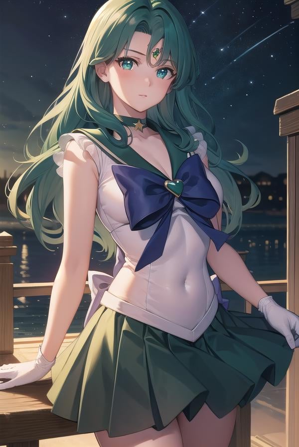 sailorneptune, <lyco:sailorneptune-lyco-nochekaiser:1>,sailor neptune, (green eyes:1.5), forehead jewel, green hair, medium hair, tiara,brooch, choker, gloves, heart, heart brooch, jewelry, magical girl, sailor senshi uniform, skirt, star choker, white gloves, bow, green bow, green sailor collar, green skirt,BREAK outdoors, space, night, star \(sky\), sun,BREAK looking at viewer, (cowboy shot:1.5),BREAK <lyco:GoodHands-beta2:1>, (masterpiece:1.2), best quality, high resolution, unity 8k wallpaper, (illustration:0.8), (beautiful detailed eyes:1.6), extremely detailed face, perfect lighting, extremely detailed CG, (perfect hands, perfect anatomy),