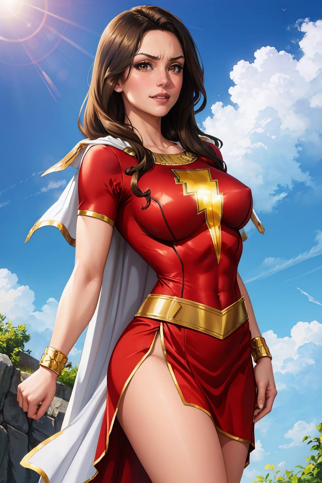 masterpiece, best quality,  <lora:marymarvel-nvwls-v1-000010:0.9> mary marvel, white cape, red dress, red skirt, short sleeves, bracer, large breasts, flex, looking at viewer, furrowed brow, grin, blue sky, clouds