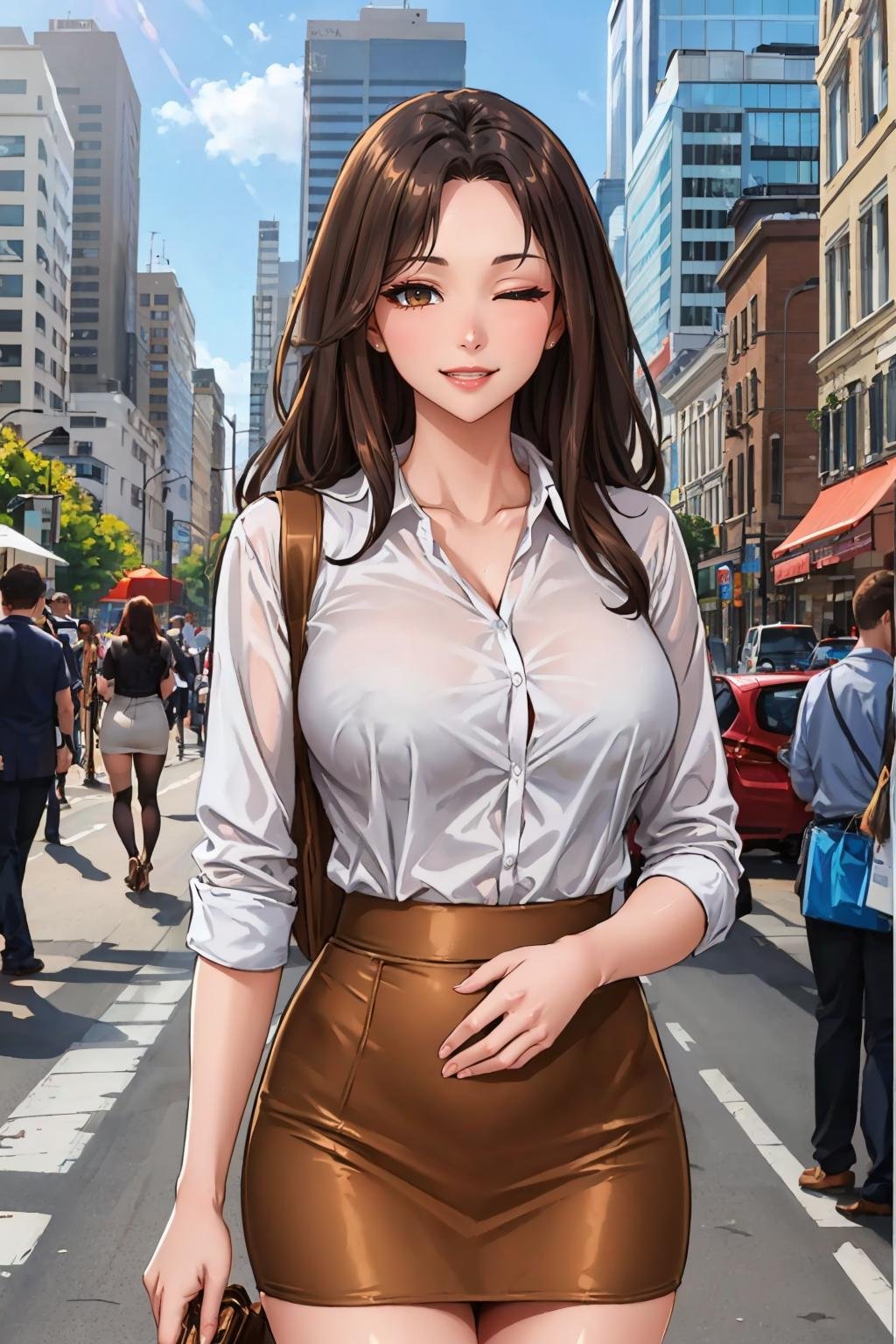 masterpiece, best quality,  <lora:marymarvel-nvwls-v1-000010:0.8> mary marvel, collared white shirt, pencil skirt, looking at viewer, smile, large breasts, city street, winking, one eye closed, one eye open