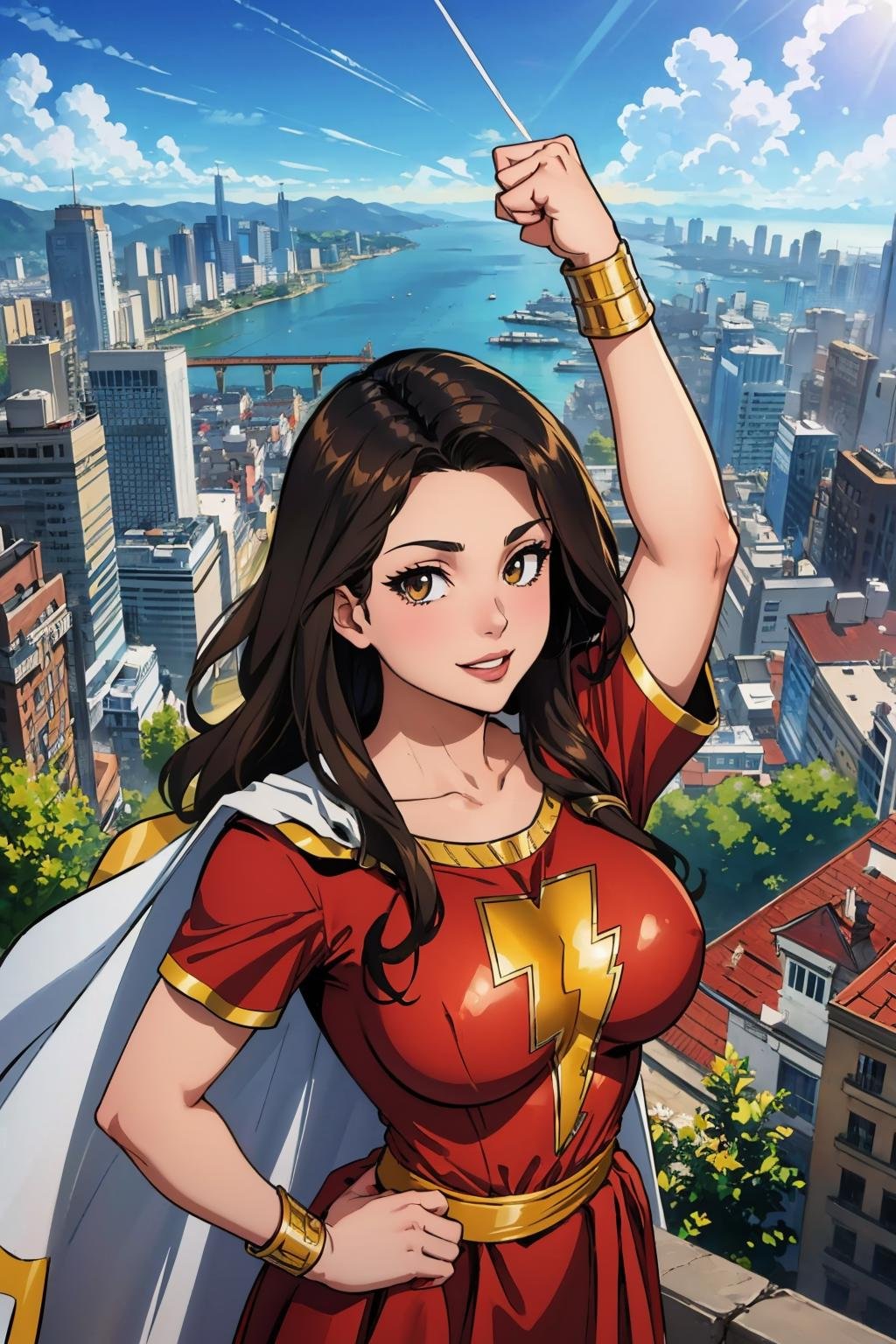 masterpiece, best quality,  <lora:marymarvel-nvwls-v1-000010:0.9> mary marvel, white cape, red dress, red skirt, short sleeves, bracer, large breasts, smile, looking at viewer, blue sky, clouds, cityscape, (flying:1.4), upper body, from above, arm up, fist, hand to hip