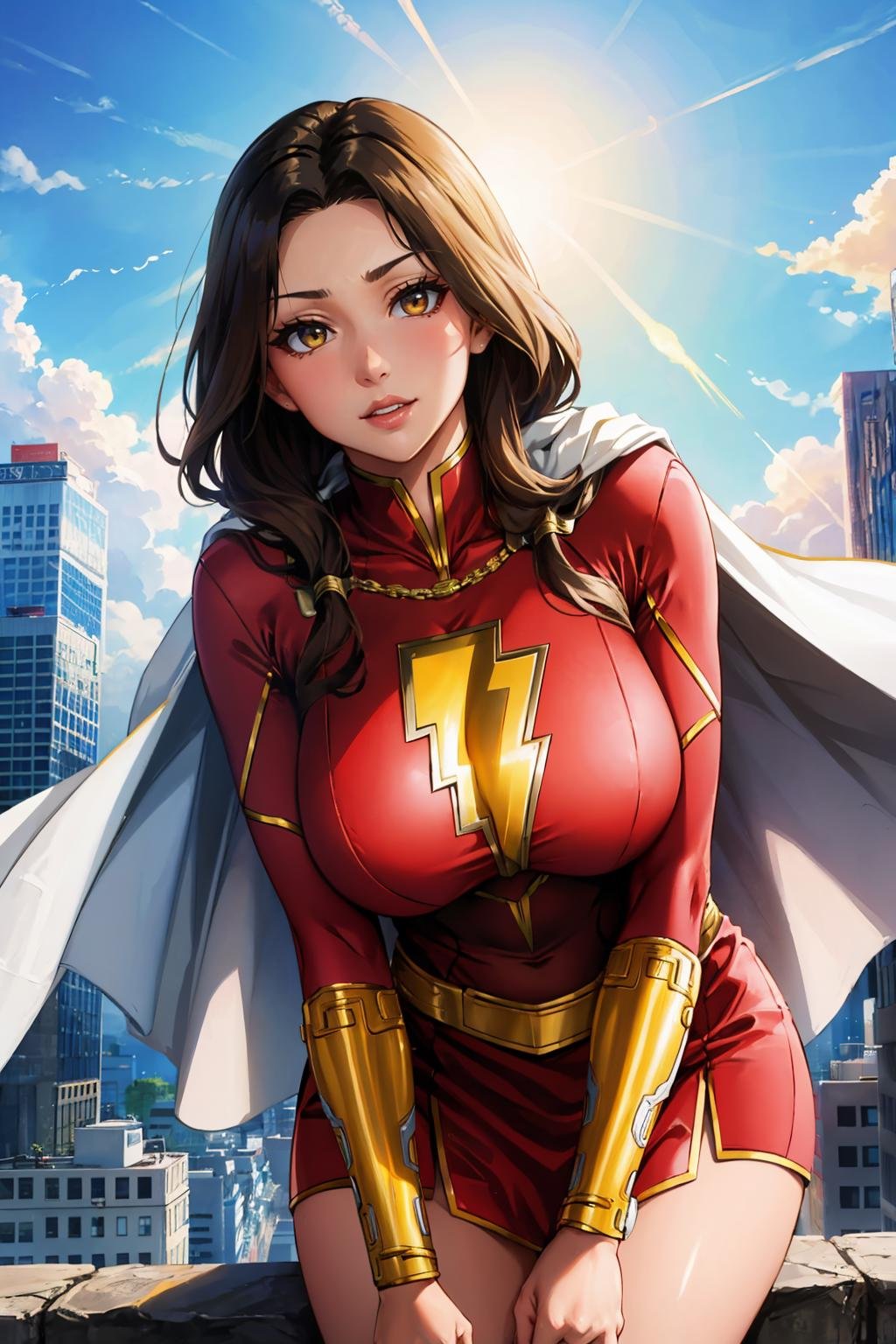 masterpiece, best quality,  <lora:marymarvel-nvwls-v1-000010:0.9> mary marvel, white cape, red dress, red skirt, long sleeves, bracer, large breasts, skintight, wide hips, leaning forward, wink, looking at viewer, cityscape, sky, clouds, from below, pov, upper body