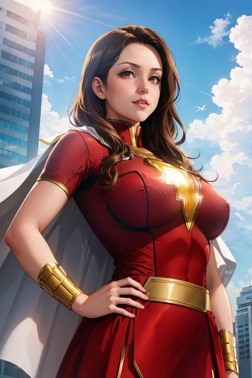 masterpiece, best quality,  <lora:marymarvel-nvwls-v1-000010:0.9> mary marvel, white cape, red dress, red skirt, short sleeves, bracer, large breasts, smile, hands to hips, looking at viewer, blue sky, clouds, cityscape, (flying:1.4), upper body, from below