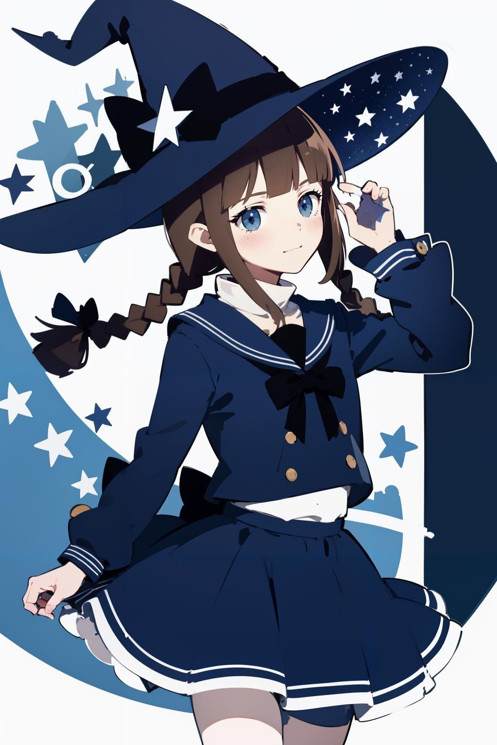 (masterpiece, high quality, highres:1),1girl,solo,<lora:wadanohara-wasabiya:1>,wadablue,twin braids,long hair,witch hat,blue bow,star print,hat ornament,blue ribbon,blue skirt,star \(symbol\),crescent,blue eyes,