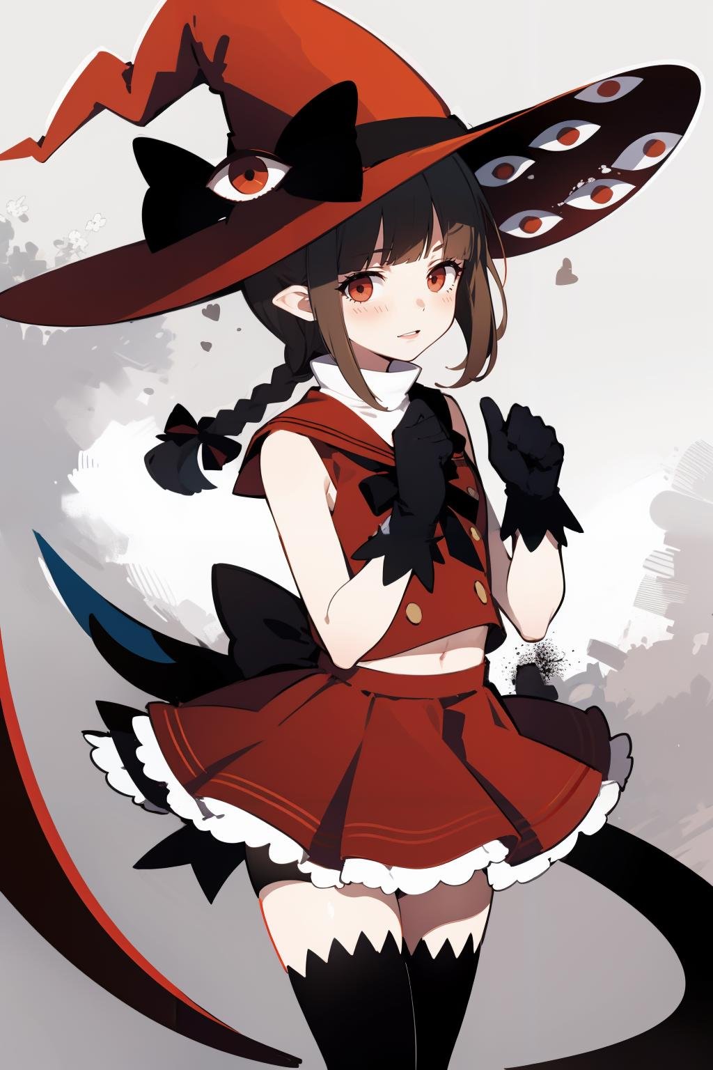 (masterpiece, high quality, highres:1),1girl,solo,<lora:wadanohara-wasabiya:1>,wadared,witch hat,long hair,red bow,extra eyes,eye print,red gloves,black thighhighs,red skirt,