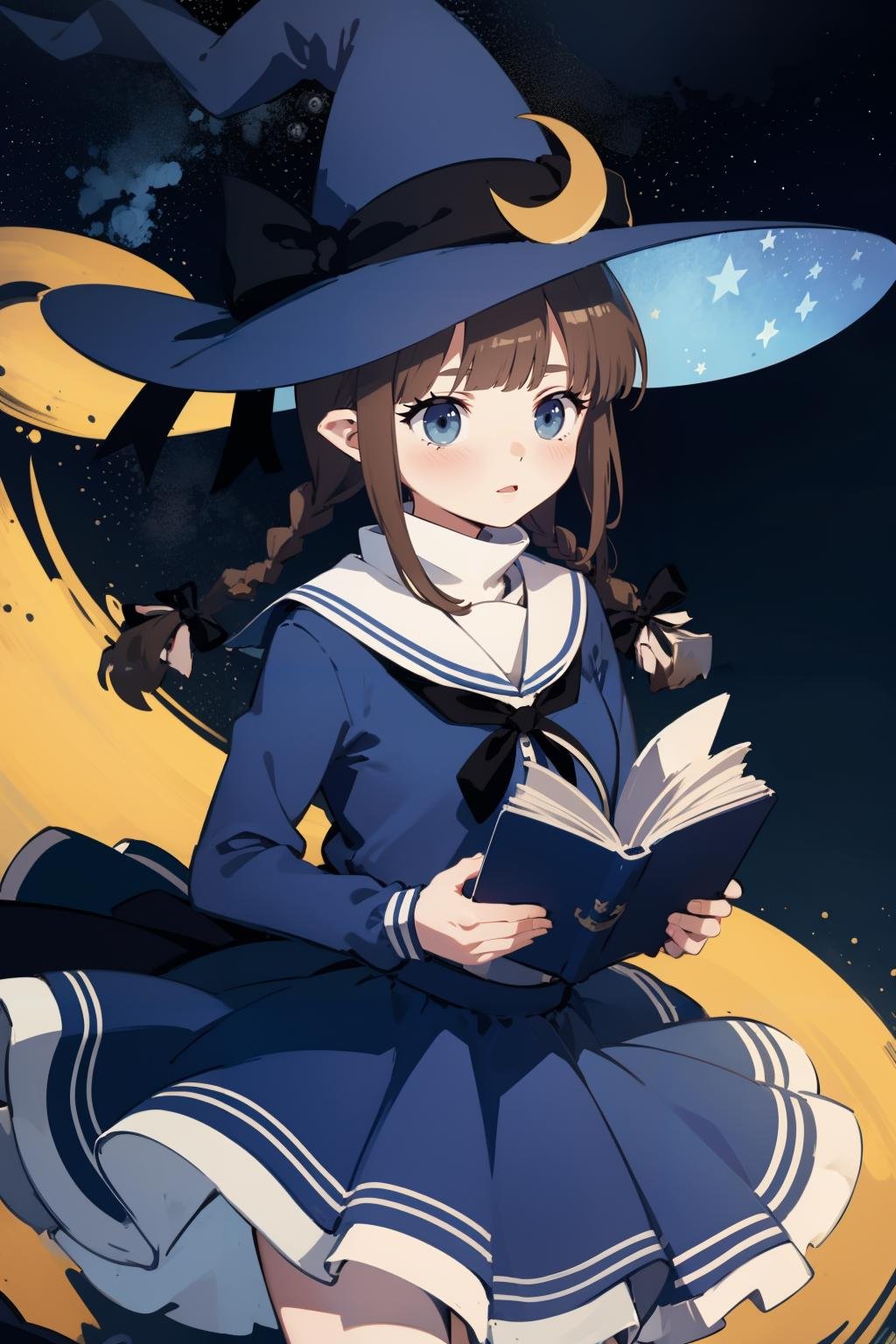 (masterpiece, high quality, highres:1),1girl,solo,<lora:wadanohara-wasabiya:1>,wadablue,twin braids,long hair,witch hat,blue bow,star print,hat ornament,blue ribbon,book,holding book,blue skirt,star \(symbol\),crescent,blue eyes,