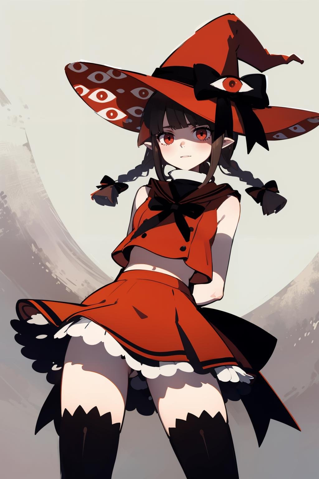 (masterpiece, high quality, highres:1),1girl,solo,<lora:wadanohara-wasabiya:1>,wadared,witch hat,long hair,red bow,extra eyes,eye print,red gloves,black thighhighs,red skirt,arms behind back,from below,