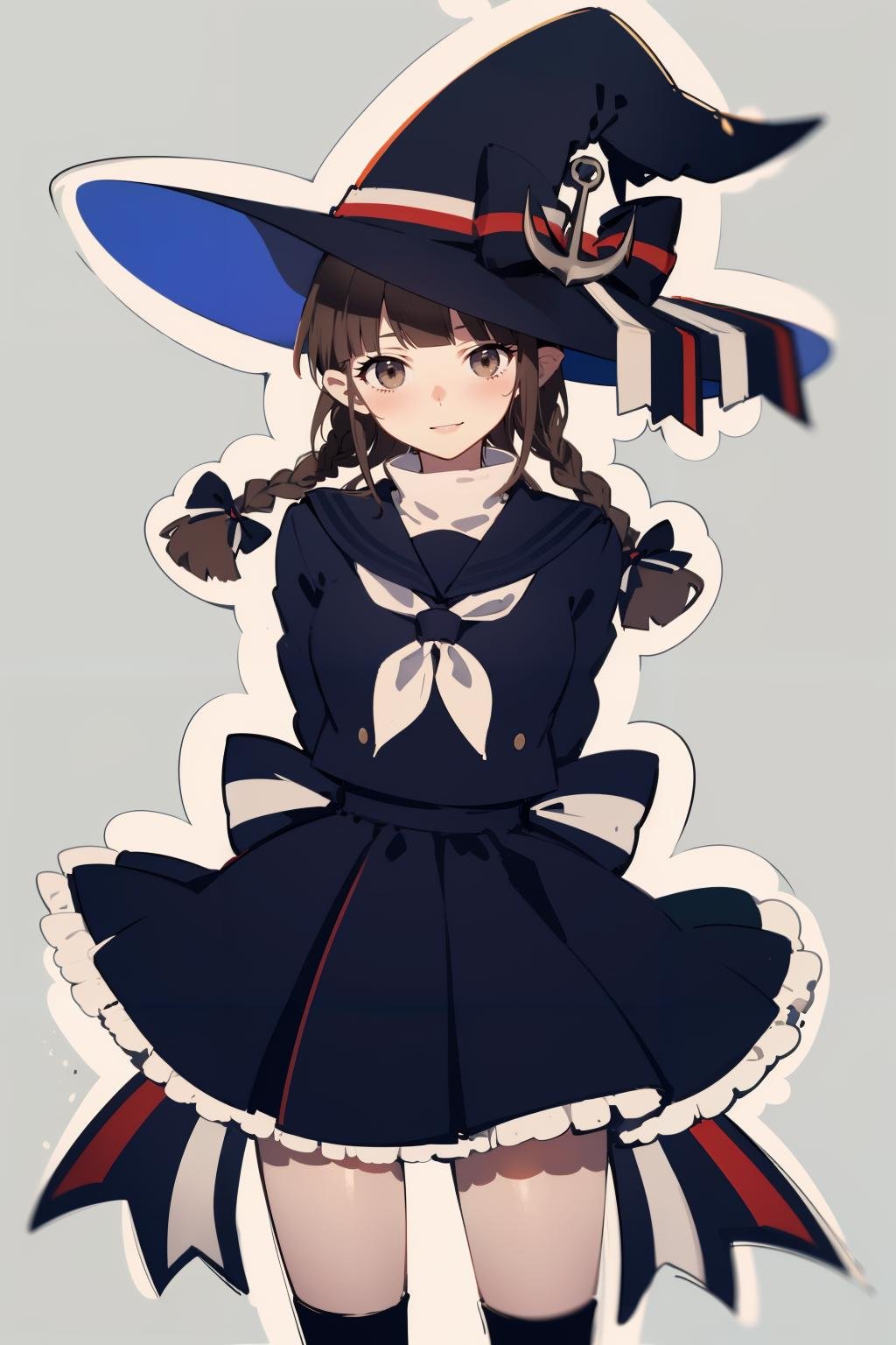 (masterpiece, high quality, highres:1),1girl,solo,<lora:wadanohara-wasabiya:1>,wadanohara,witch hat,hat bow,blue dress,blue hat,twin braid,long hair,handkerchief,anchor,hat ornament,school uniform,sailor collar,multicolored ribbon,arms behind back,brown eyes,