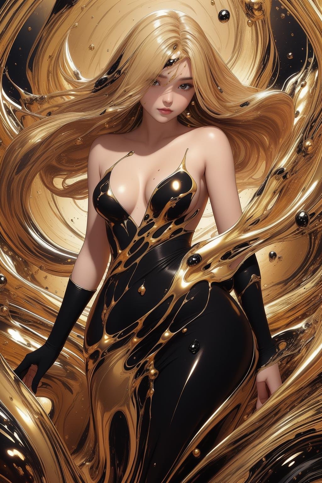 (masterpiece, best quality, official art, beautiful and aesthetic),1girl stands in black and gold liquid,naked body,cleavage,looks at viewer,small breasts covered by black and gold thick liquid,floating blond long hair,asphalt drops,precise body structure,Gradient black fluid,organic feel,viscous,shiny gel body,swirl liquid,bubbles,<lora:blackgold-000006:0.8>,