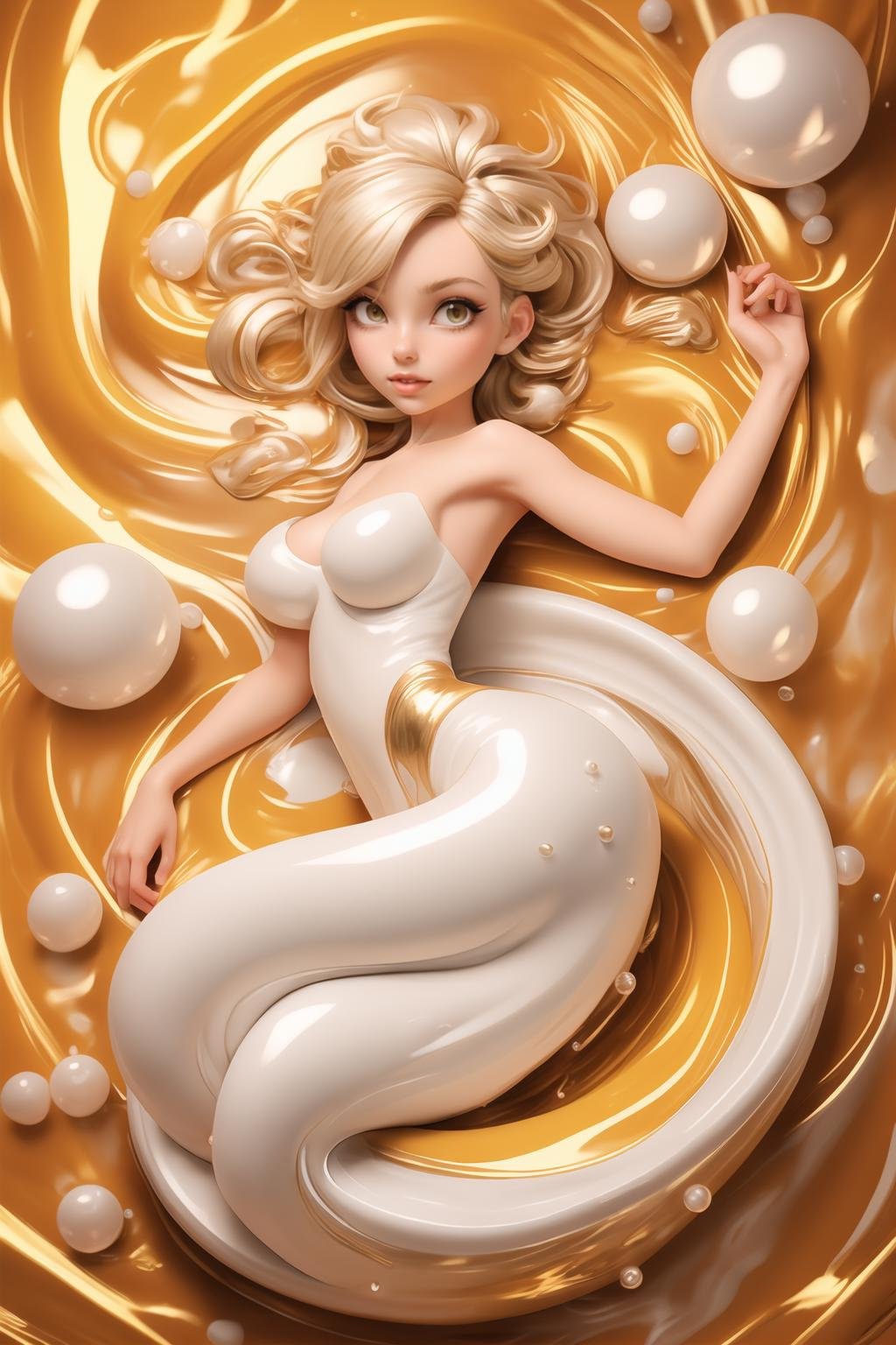 (masterpiece, best quality, official art, beautiful and aesthetic),1girl lying in white and silver liquid,(mercury),metallic fluid,naked body,cleavage,looks at viewer,small breasts covered by white and silver thick liquid,floating blond long hair,mercury drops,precise body structure,Gradient silver fluid,organic feel,viscous,shiny gel body,swirl liquid,bubbles,<lora:whitegold-000006:0.6>,<lora:metal:0.6>,