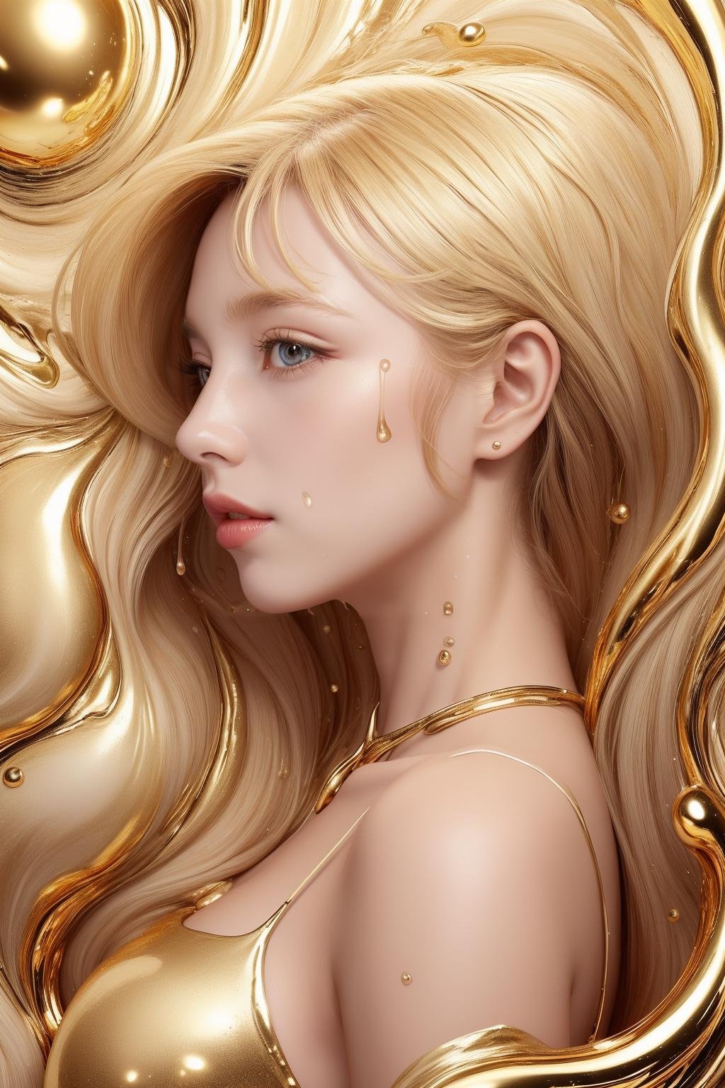 (masterpiece, best quality, official art, beautiful and aesthetic),profile, close up shot to the face of 1 girl  covered by white and gold fluid,bare shoulders,glossy skin,collar bones,looks at viewer,white and gold thick liquid,floating blond long (wet hair),milk_white,milk like drops,precise facial structure,Gradient white fluid,organic feel,viscous,shiny gel,bubbles,<lora:whitegold-000006:0.6>,