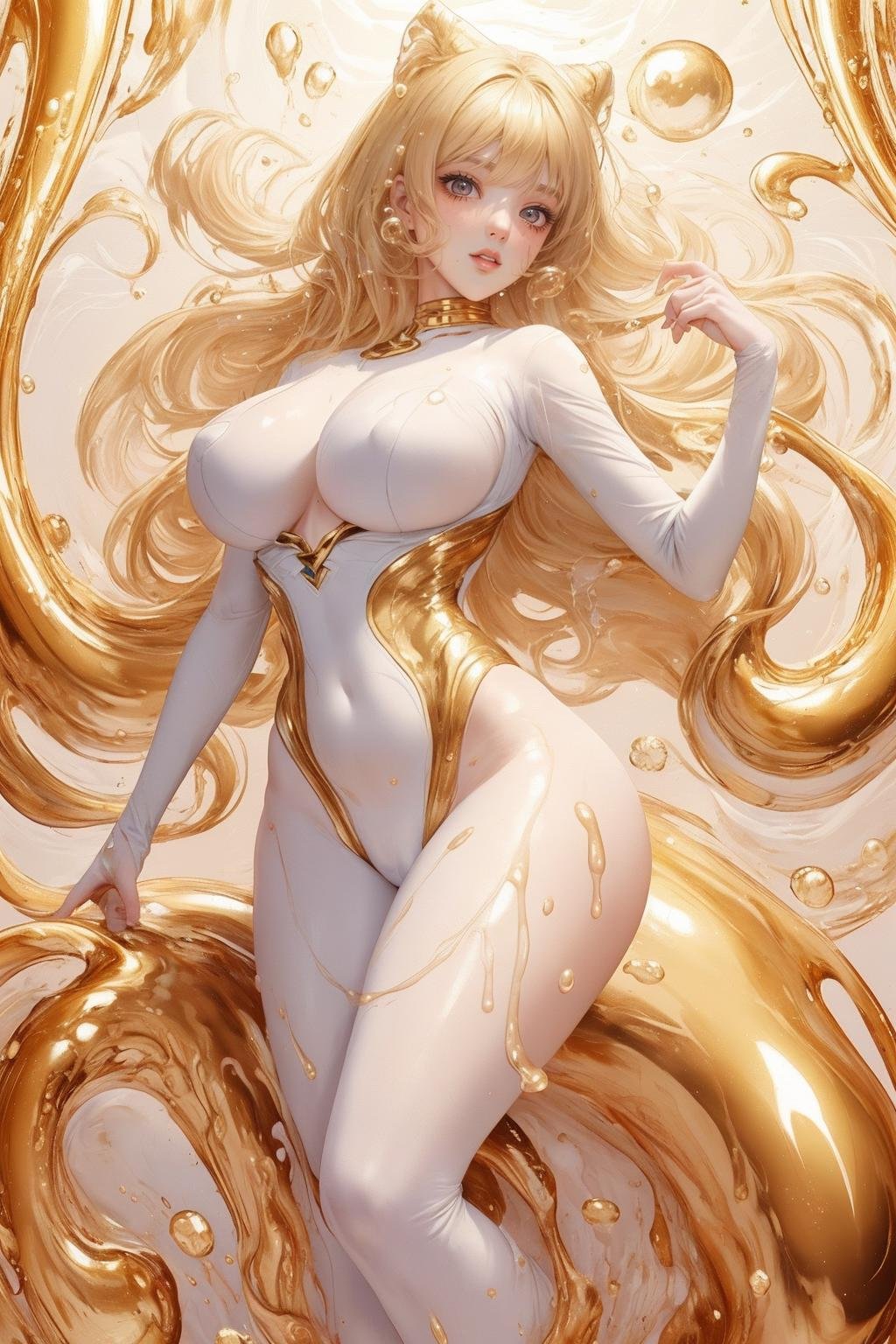(masterpiece, best quality, official art, beautiful and aesthetic),1girl is submerged in white and gold liquid,naked body,cleavage,looks at viewer,small breasts covered by white and gold thick liquid,floating blond long hair,milk_white,milk like drops,precise body structure,Gradient white fluid,organic feel,viscous,shiny gel body,swirl liquid,bubbles,<lora:whitegold-000006:0.6>,ambs_a-130,<lora:depth_of_field_slider_v1:1>,