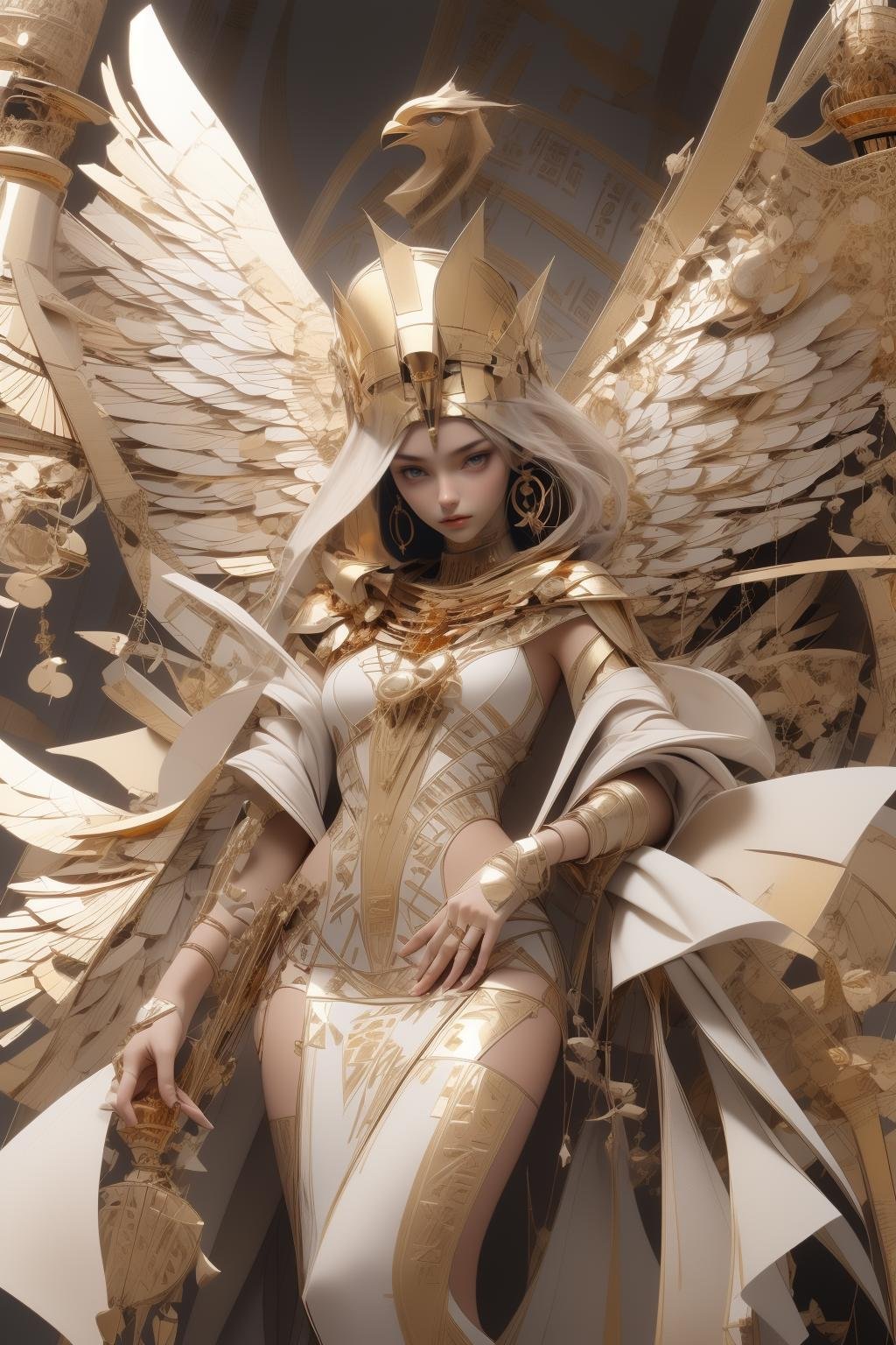 1girl, solo, a queen, white robe, golden scepter, white curtain,full body,(golden egypt palace:1.5) background, egypt birdgod, an angelic female persona ft white wings and gold in the foreground, in the style of futuristic design, vray, intricate details, exquisite clothing detail, organic sculpting, life-like avian illustrations, celestialpunk, (symmetrical compositions), contest winner,  <lora:solorpunk_20230808131126-000010:0.5>,  <lora:BJD_20230729141309-000010:0.6>,  <lora:Egyptgodpunkv.4:0.5>,