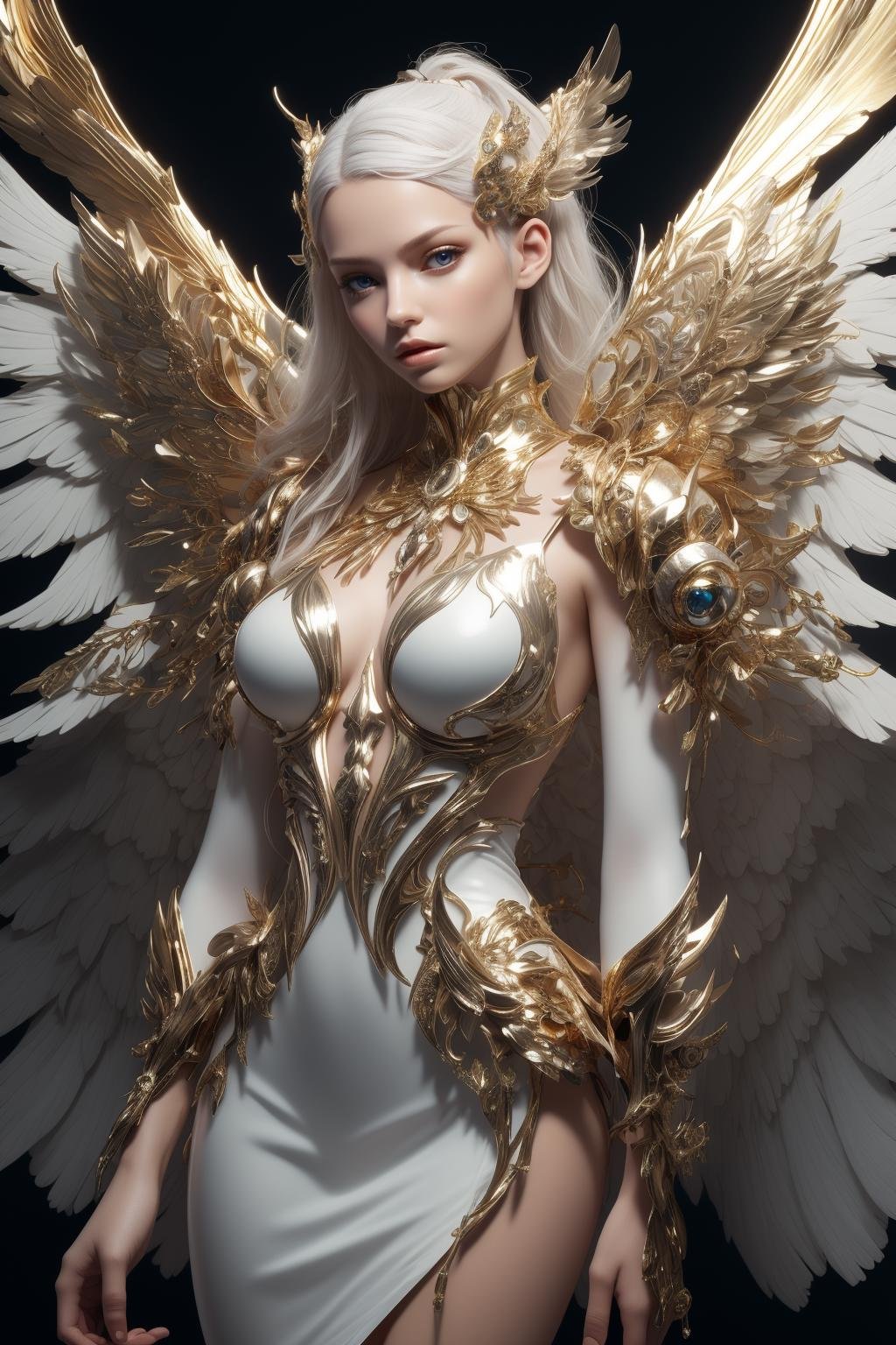 1girl, solo, an angelic female persona ft white wings and gold in the foreground, in the style of futuristic design, vray, intricate details, exquisite clothing detail, organic sculpting, life-like avian illustrations, celestialpunk, solorpunk,  <lora:solorpunk_20230808131126-000010:0.6>